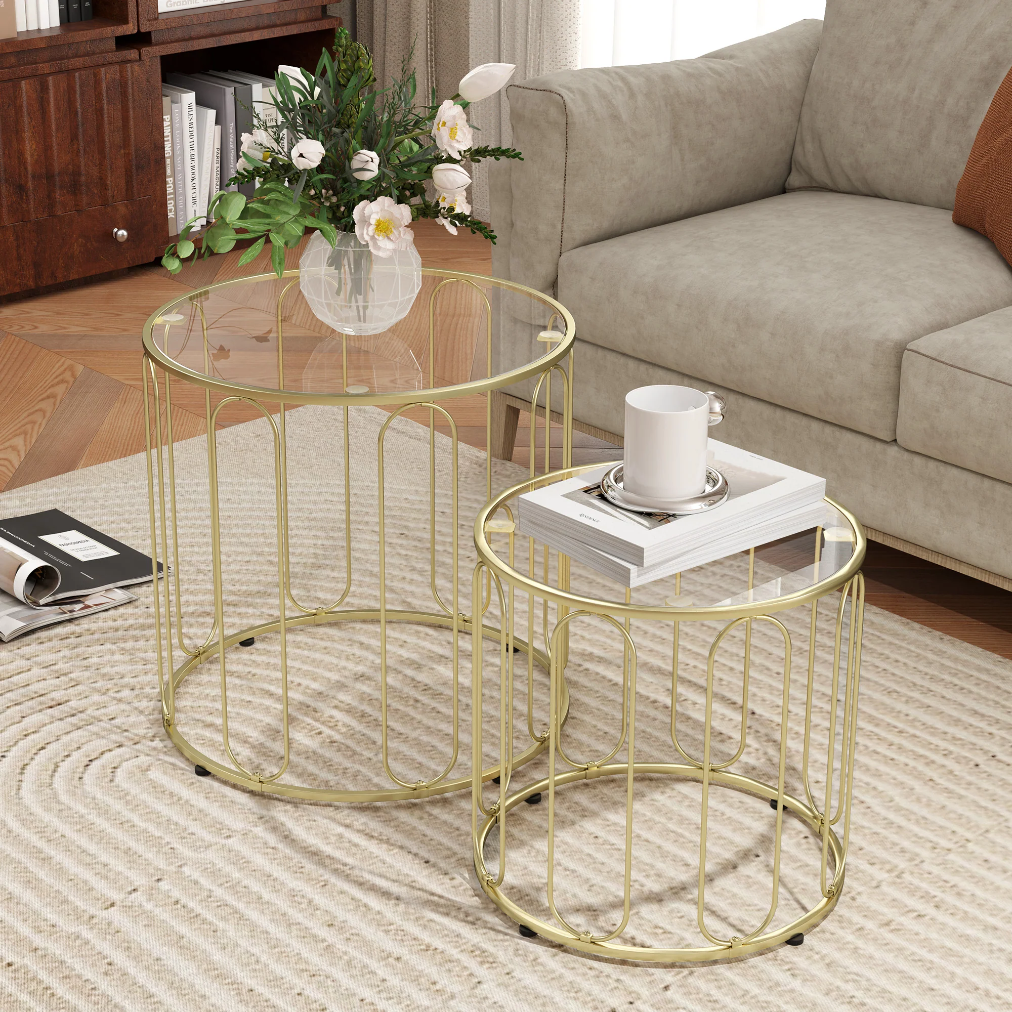HOMCOM Coffee Table Set Of 2, Nest Of Tables With Metal Frame, Gold Tone - Image 7
