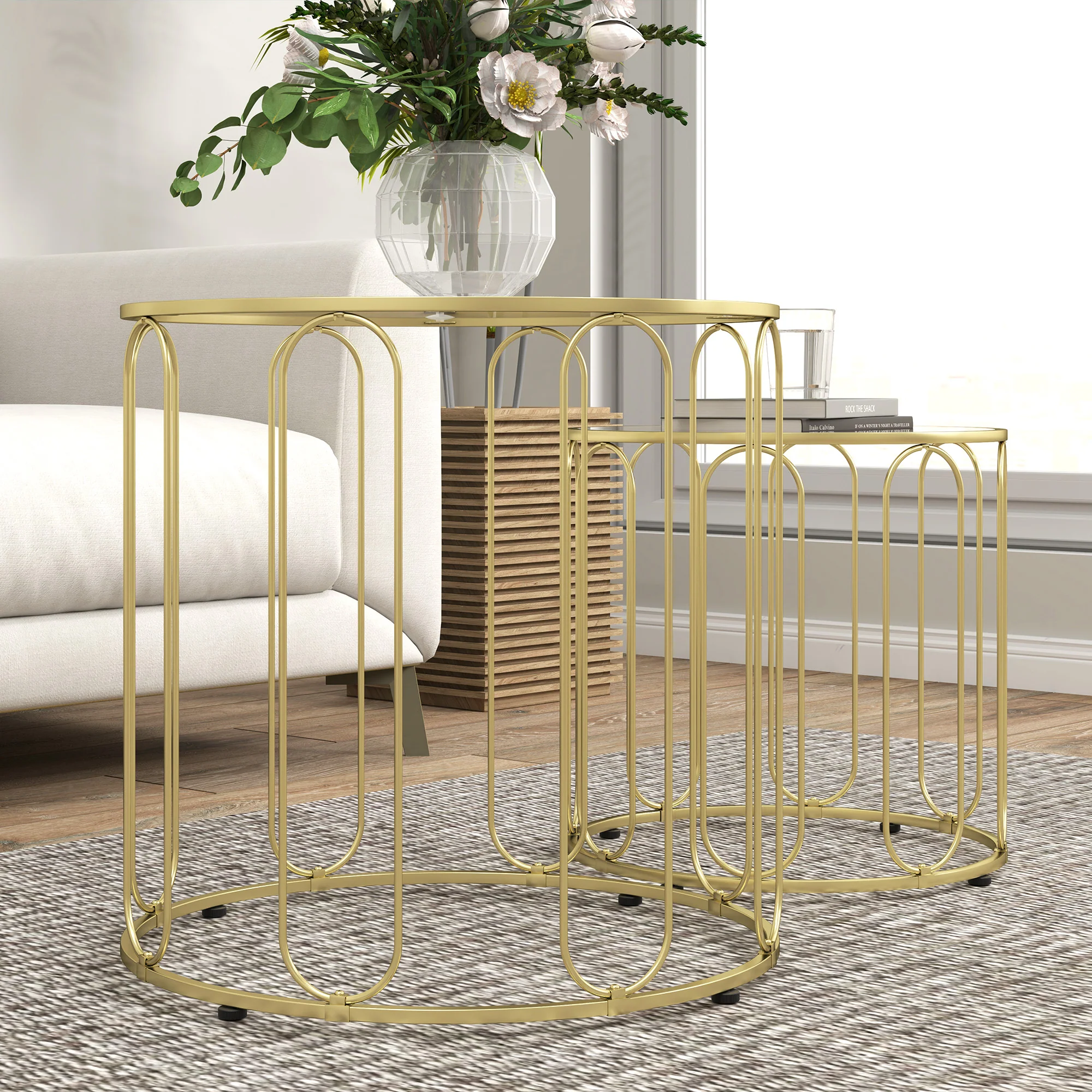 HOMCOM Coffee Table Set Of 2, Nest Of Tables With Metal Frame, Gold Tone - Image 8