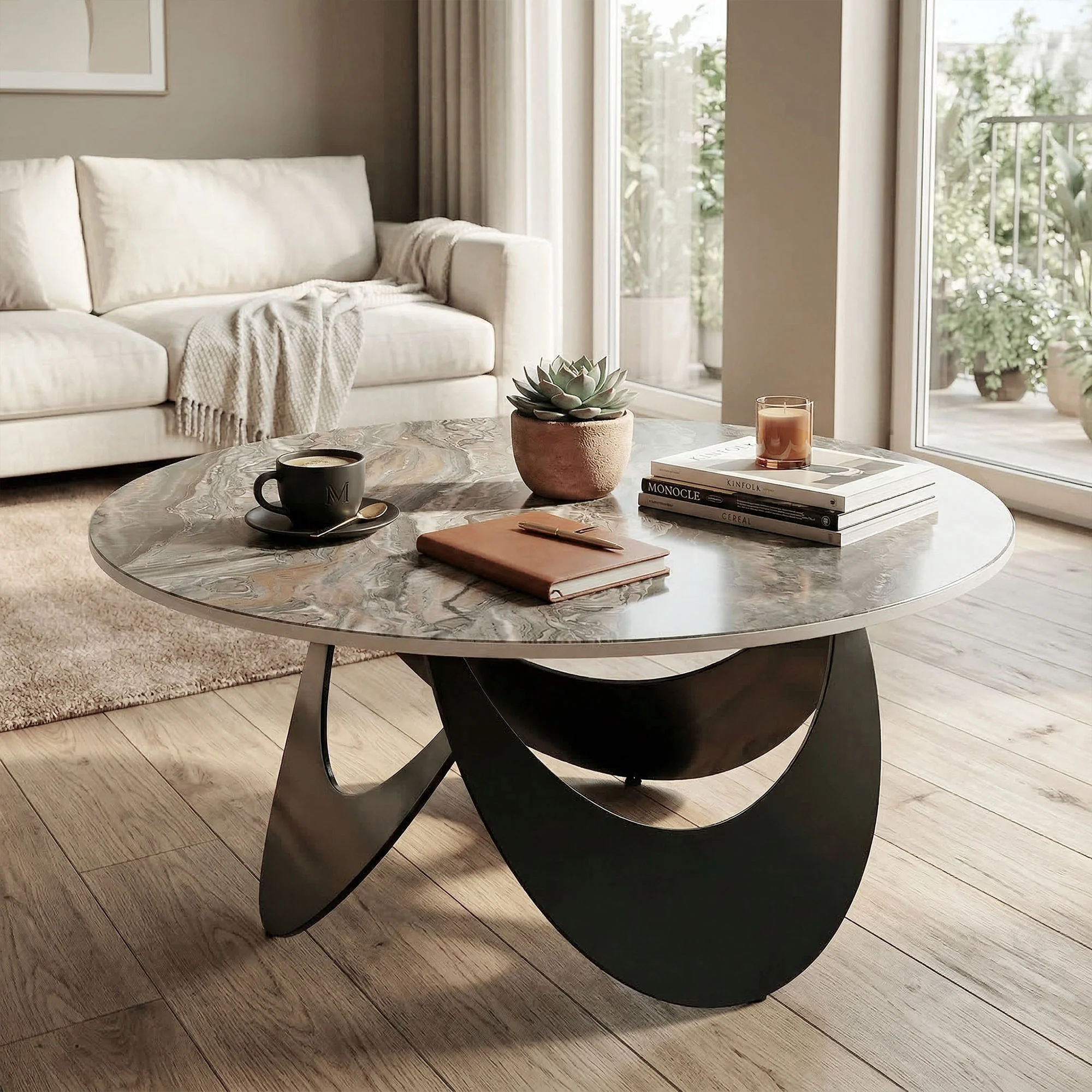 HOMCOM Coffee Table Sintered Stone Top Brown And Black - Image 8