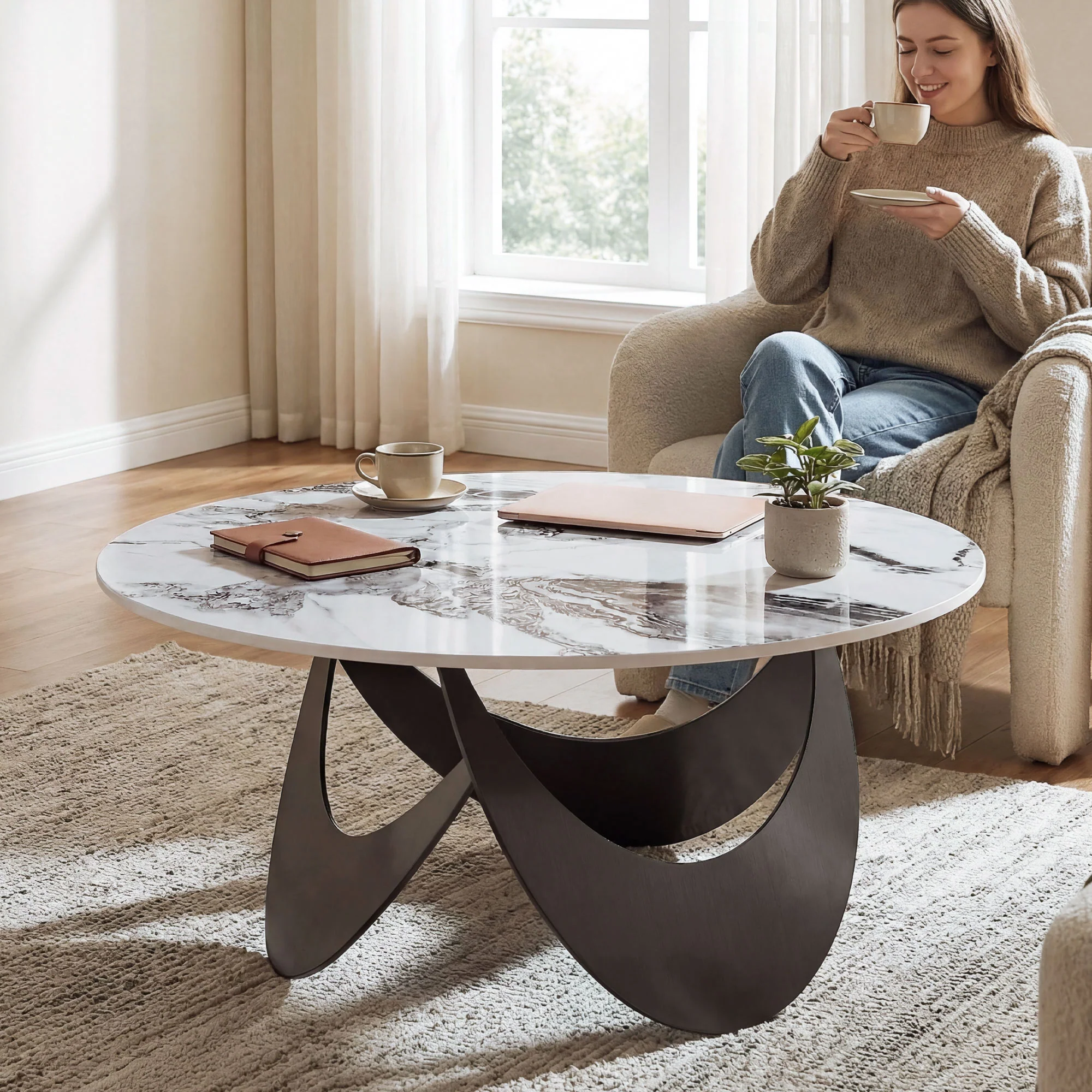HOMCOM Coffee Table Sintered Stone Top White And Black - Image 2