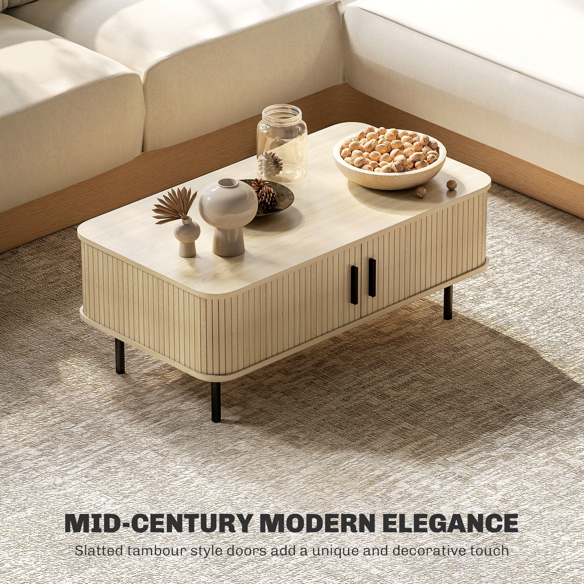 HOMCOM Coffee Table with Storage and Sliding Doors for Living Room, Oak - Image 3