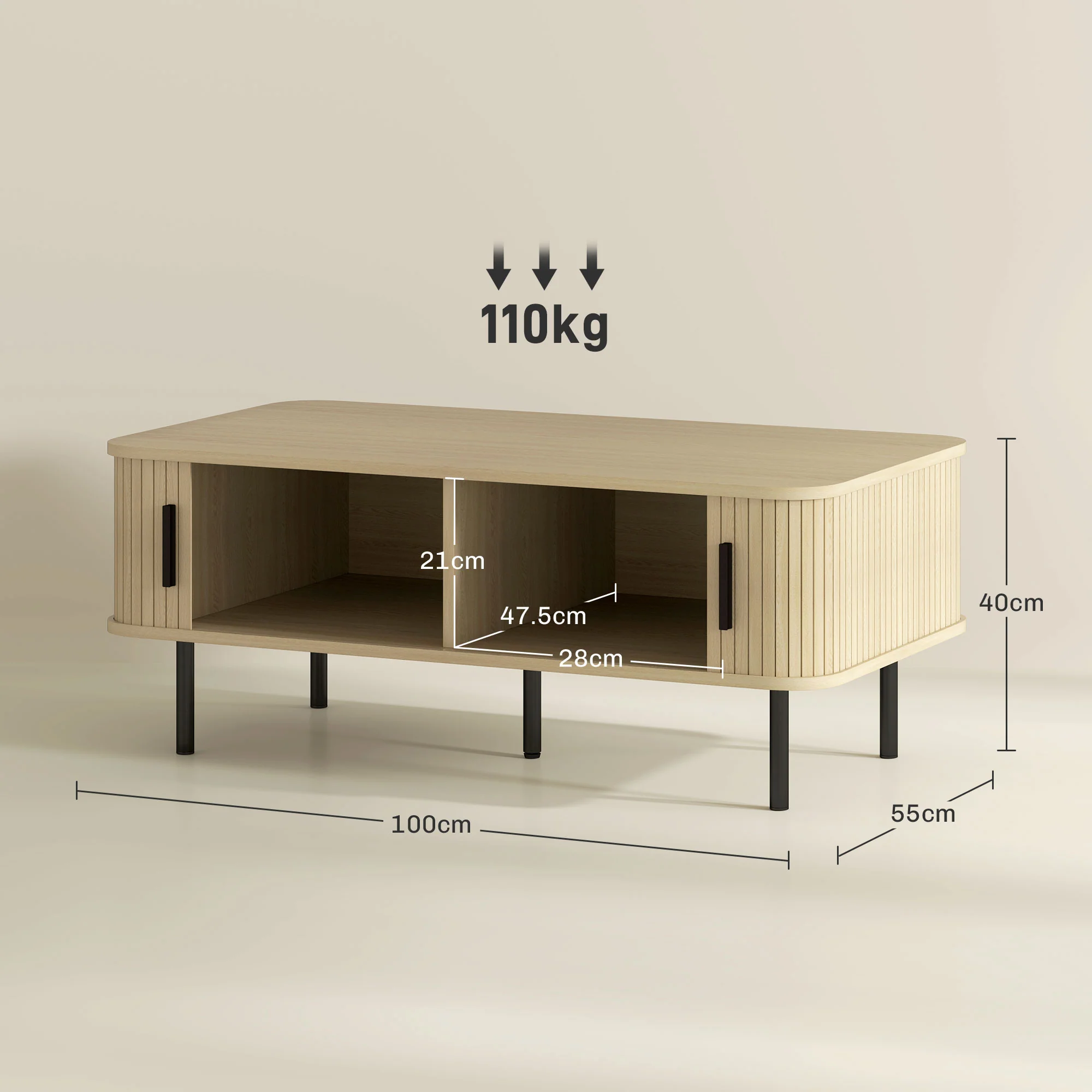 HOMCOM Coffee Table with Storage and Sliding Doors for Living Room, Oak - Image 5