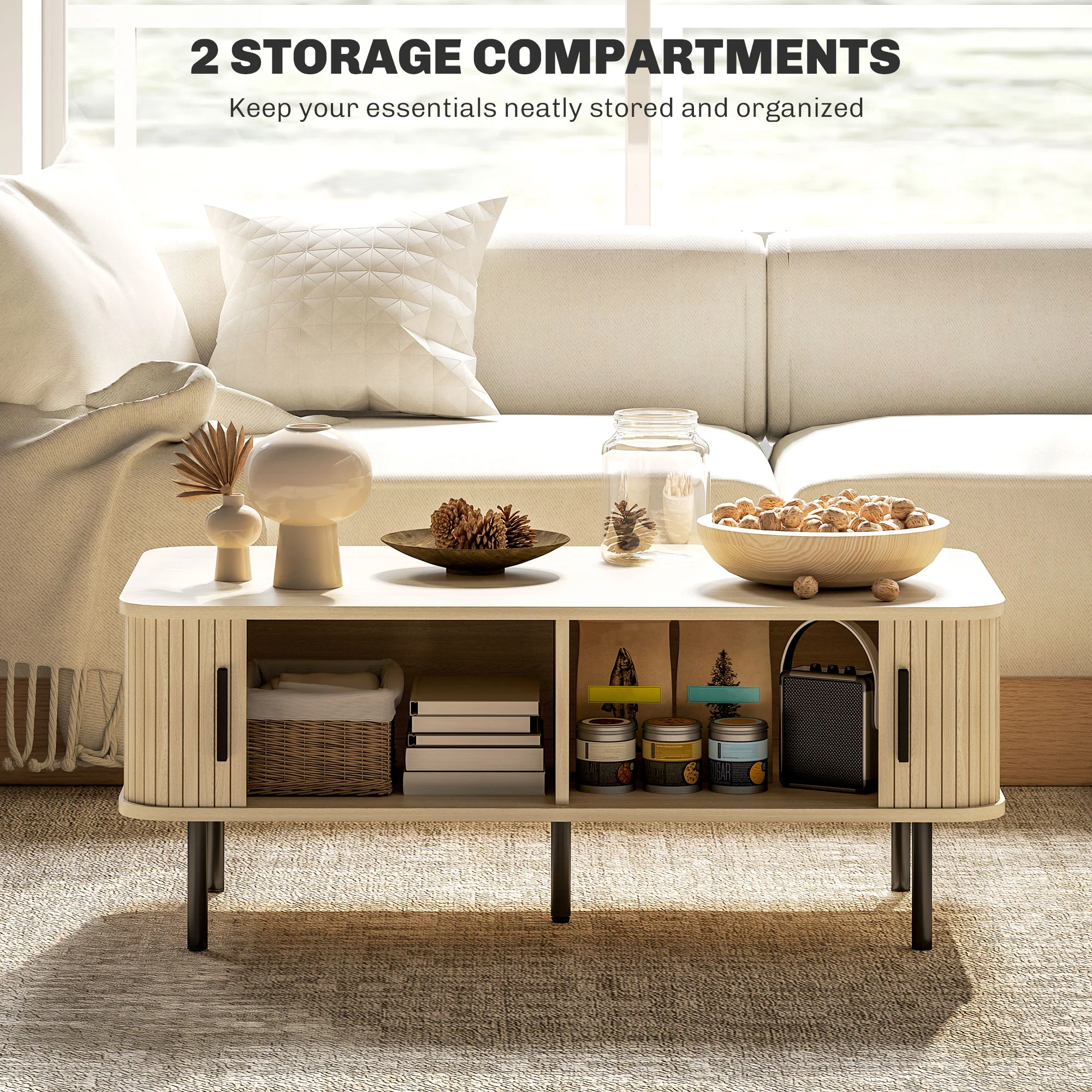 HOMCOM Coffee Table with Storage and Sliding Doors for Living Room, Oak - Image 6