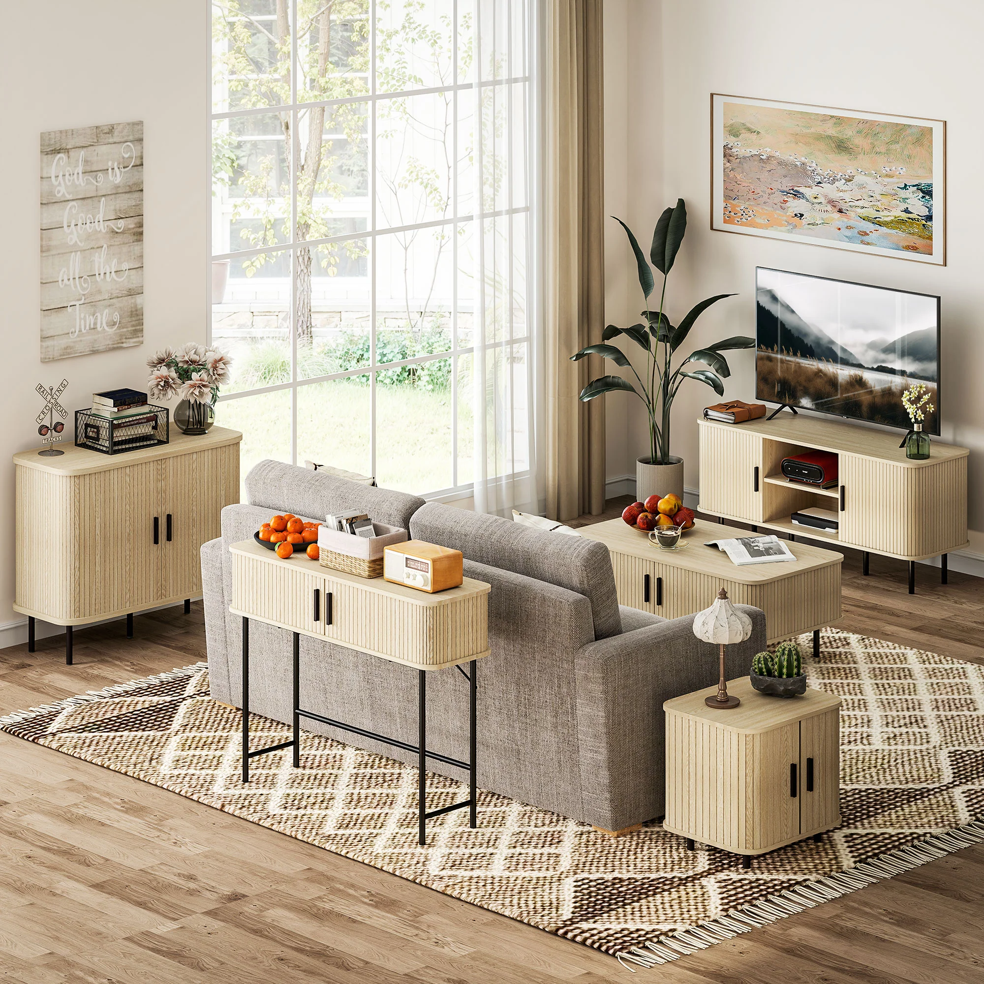 HOMCOM Coffee Table with Storage and Sliding Doors for Living Room, Oak - Image 8