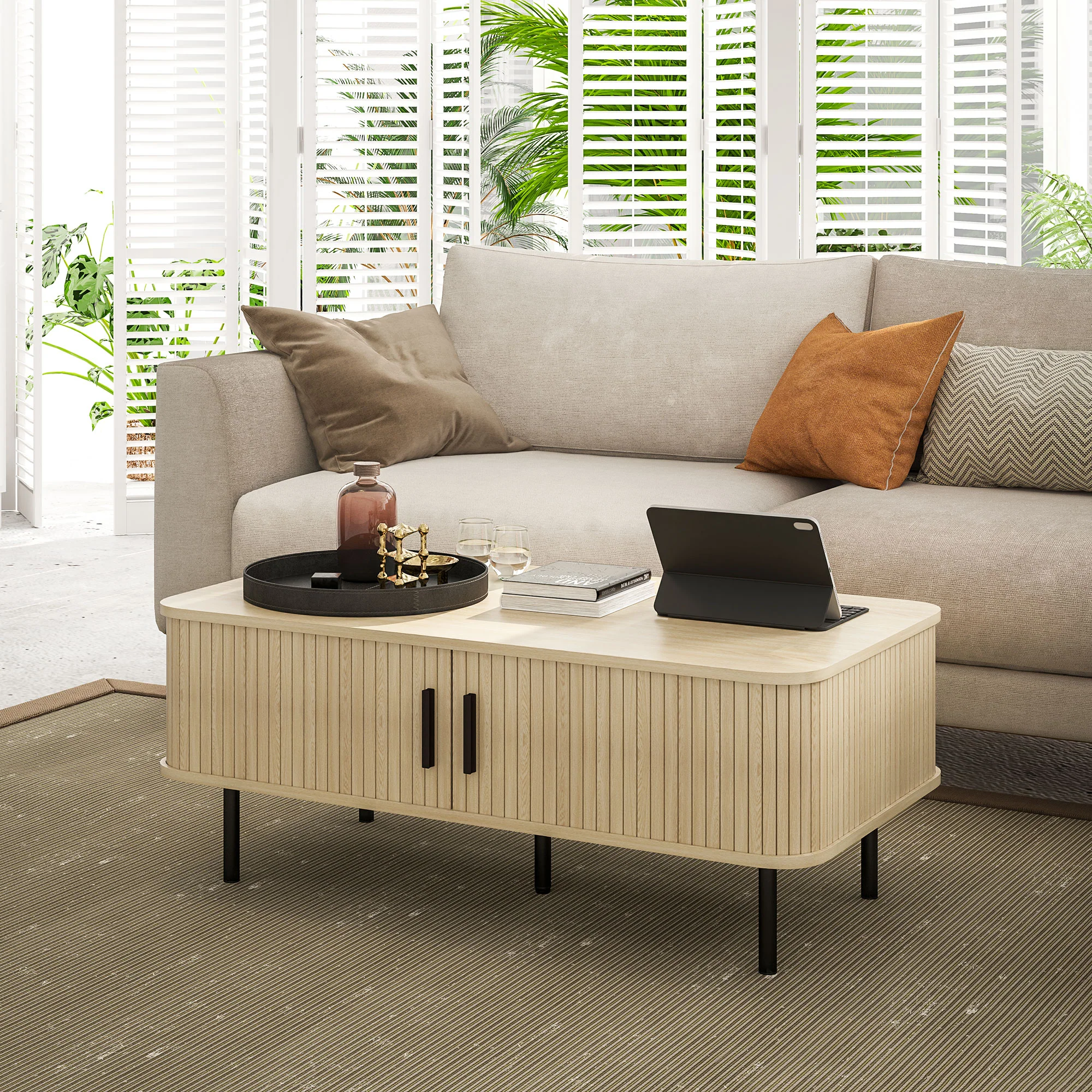 HOMCOM Coffee Table with Storage and Sliding Doors for Living Room, Oak - Image 9