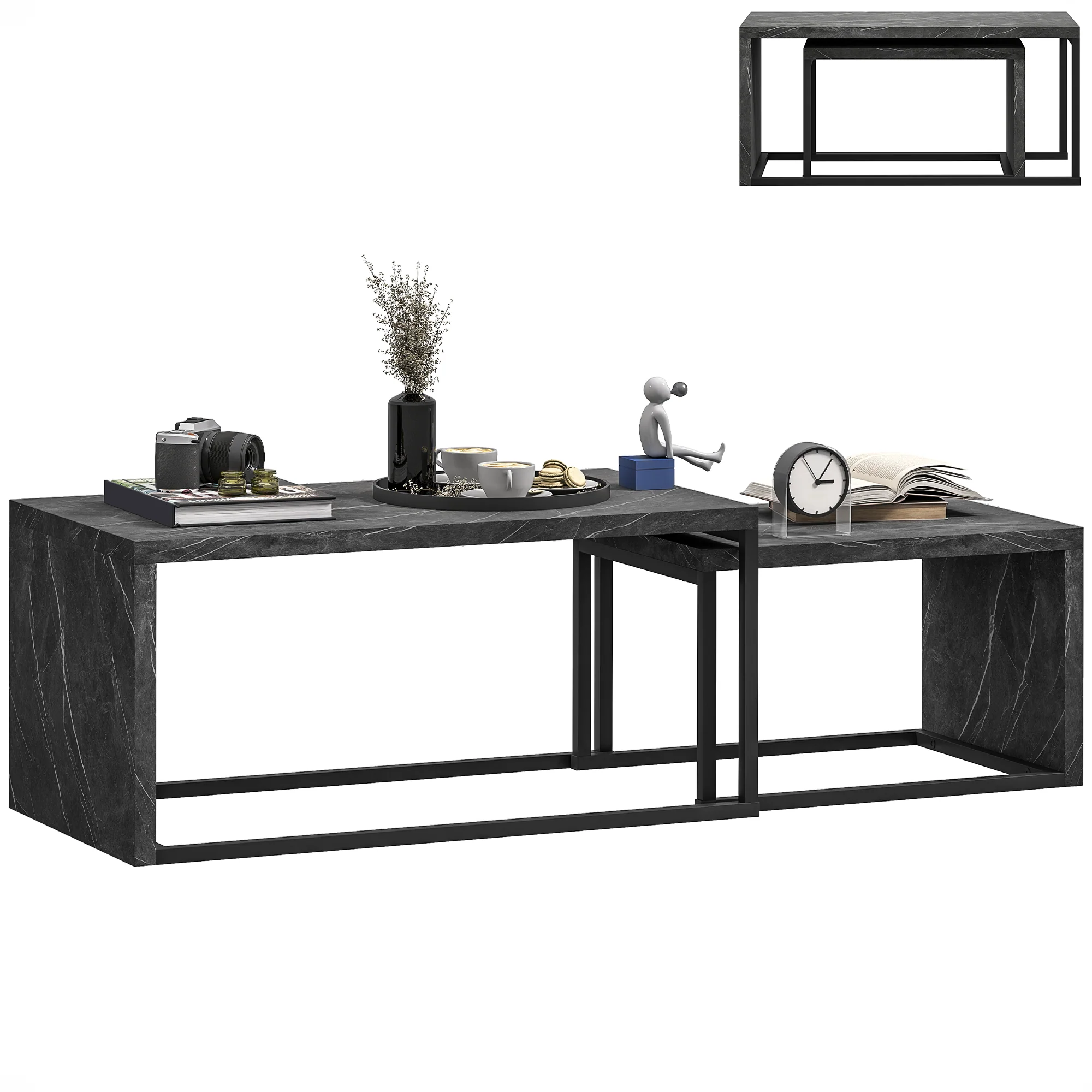 HOMCOM Coffee Tables Set of 2, Nest of Tables for Living Room, Dark Grey