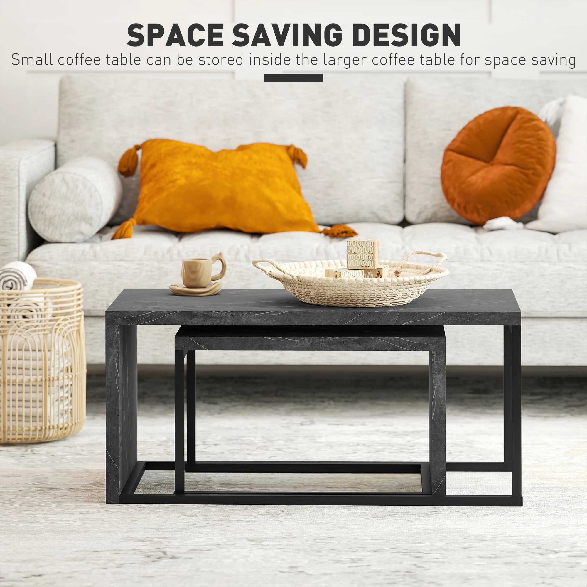 HOMCOM Coffee Tables Set of 2, Nest of Tables for Living Room, Dark Grey - Image 7