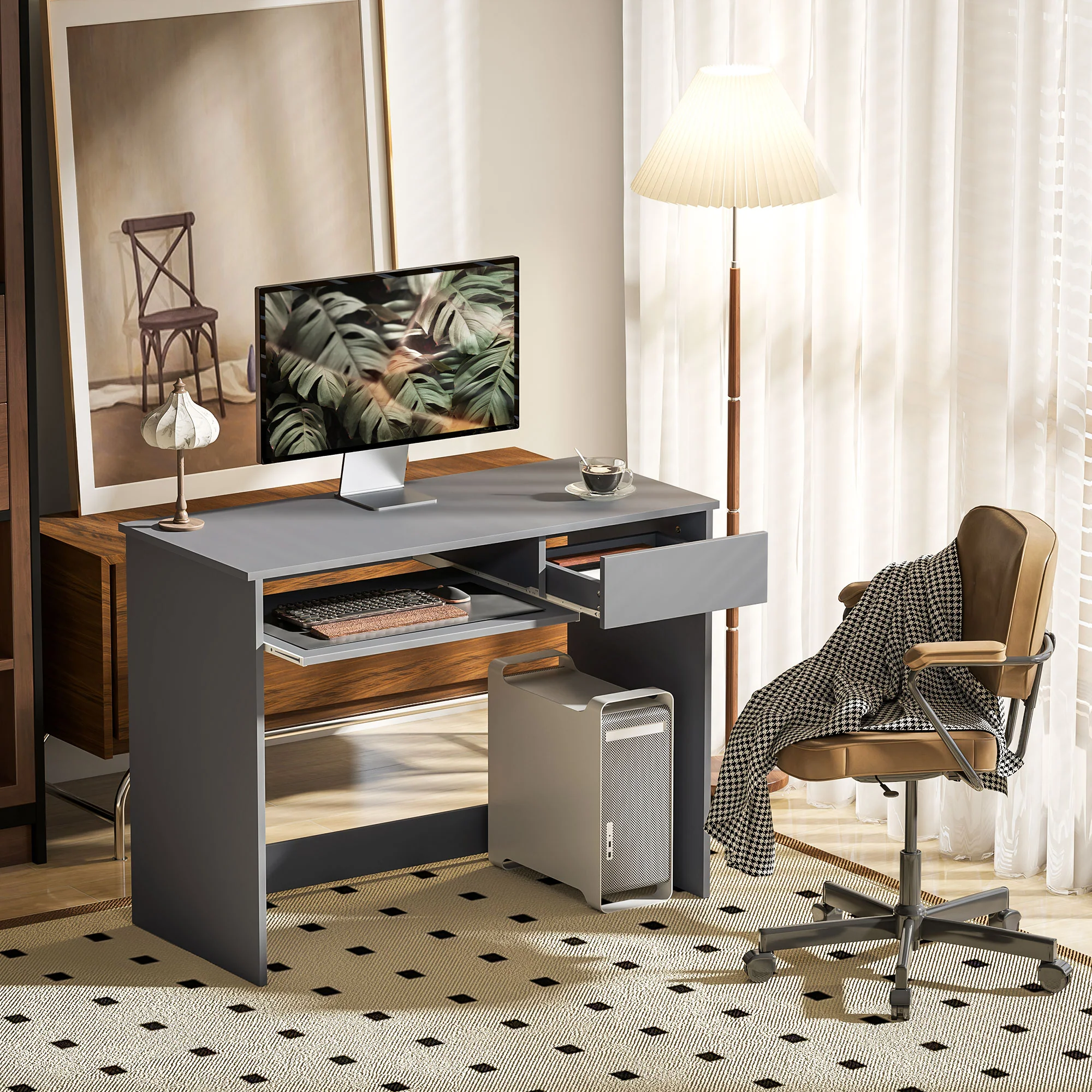 HOMCOM Compact Computer Table With Keyboard Tray And Drawer - Image 11