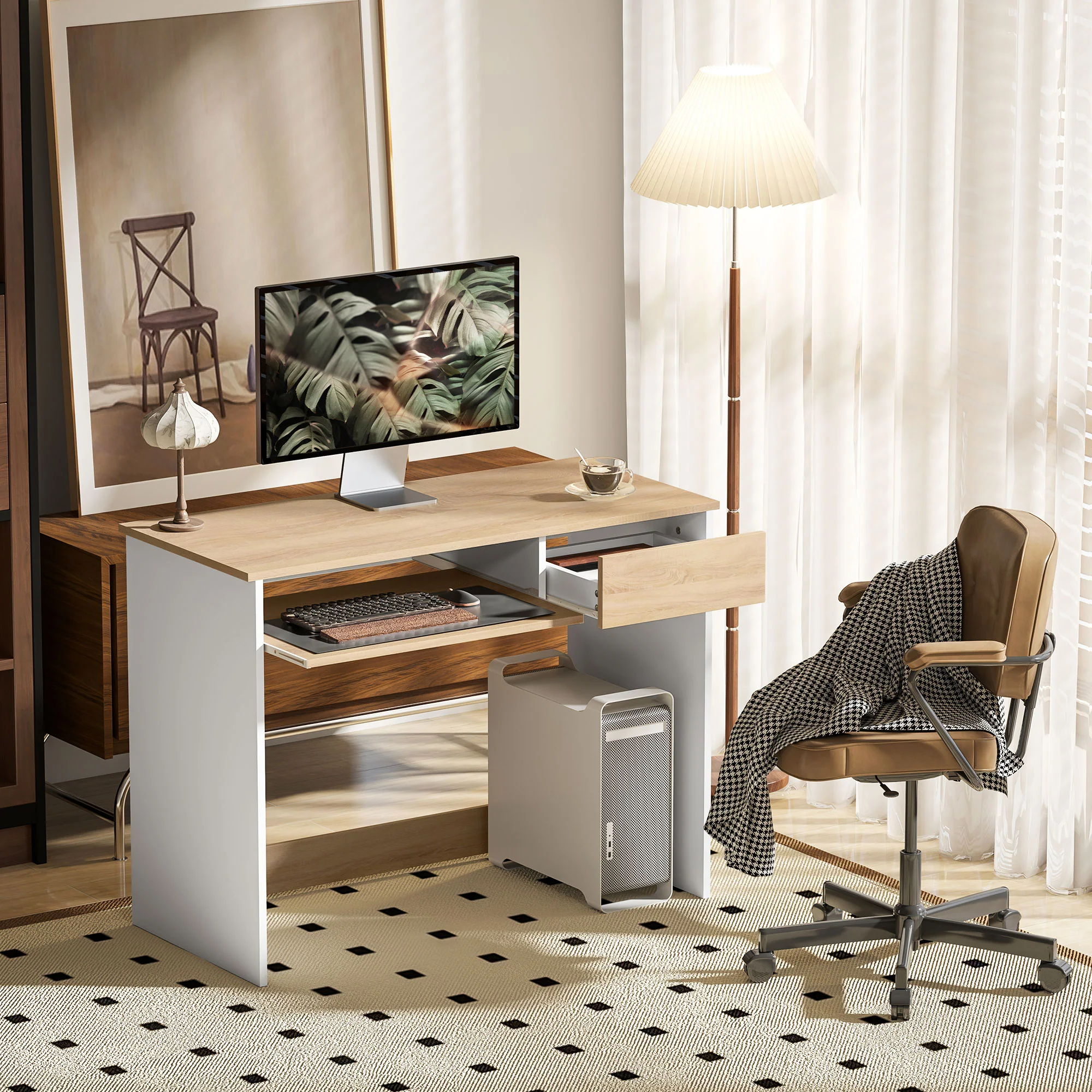 HOMCOM Compact Computer Table With Keyboard Tray And Drawer - Image 2