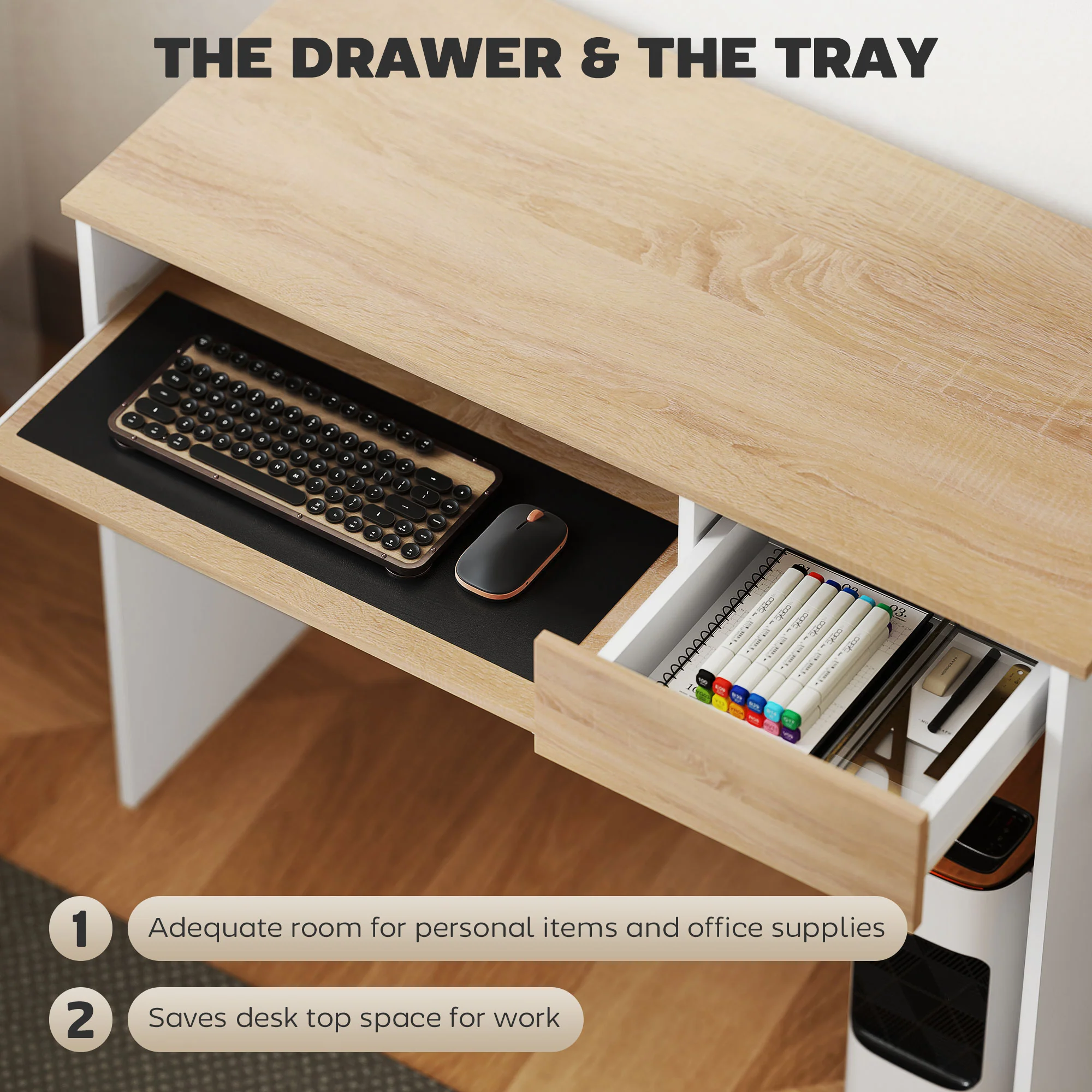 HOMCOM Compact Computer Table With Keyboard Tray And Drawer - Image 3