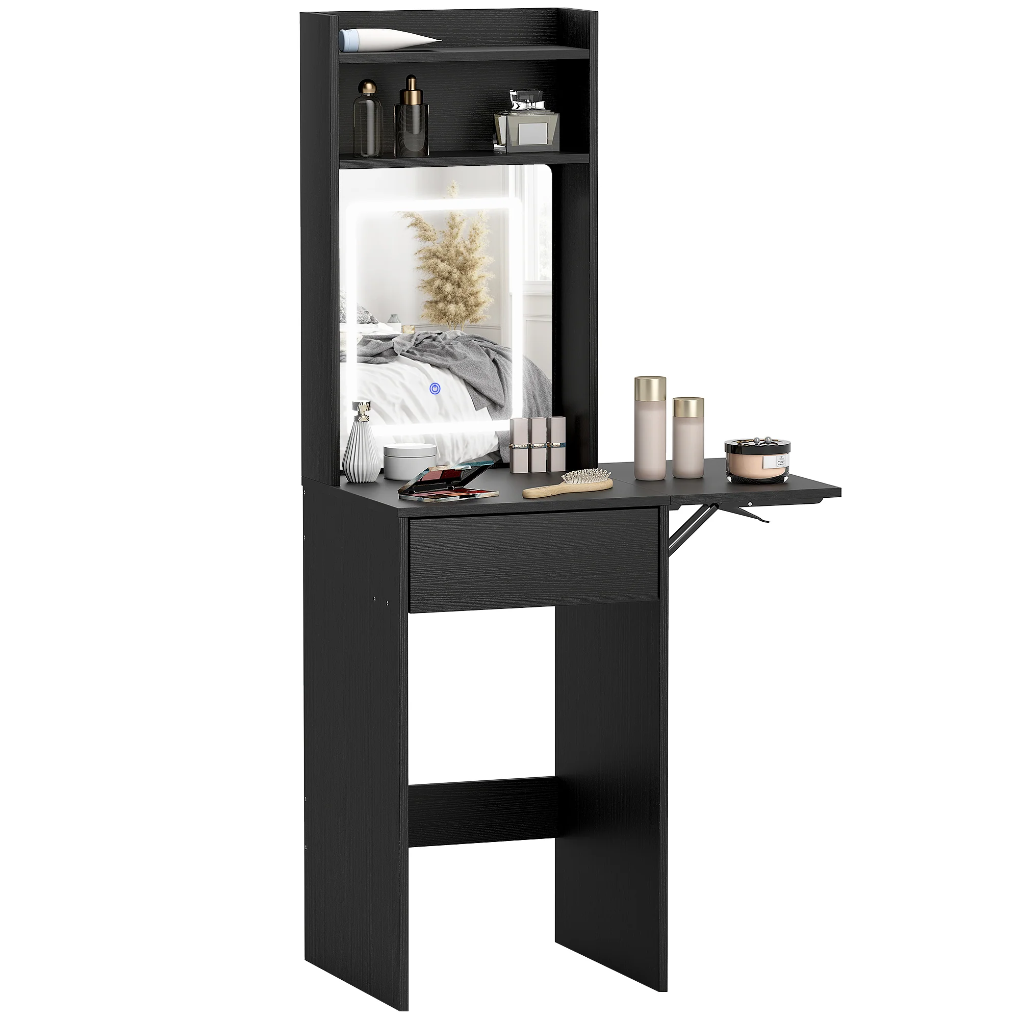 HOMCOM Compact Dressing Table with Lighted Mirror Open Shelves Drawer Black