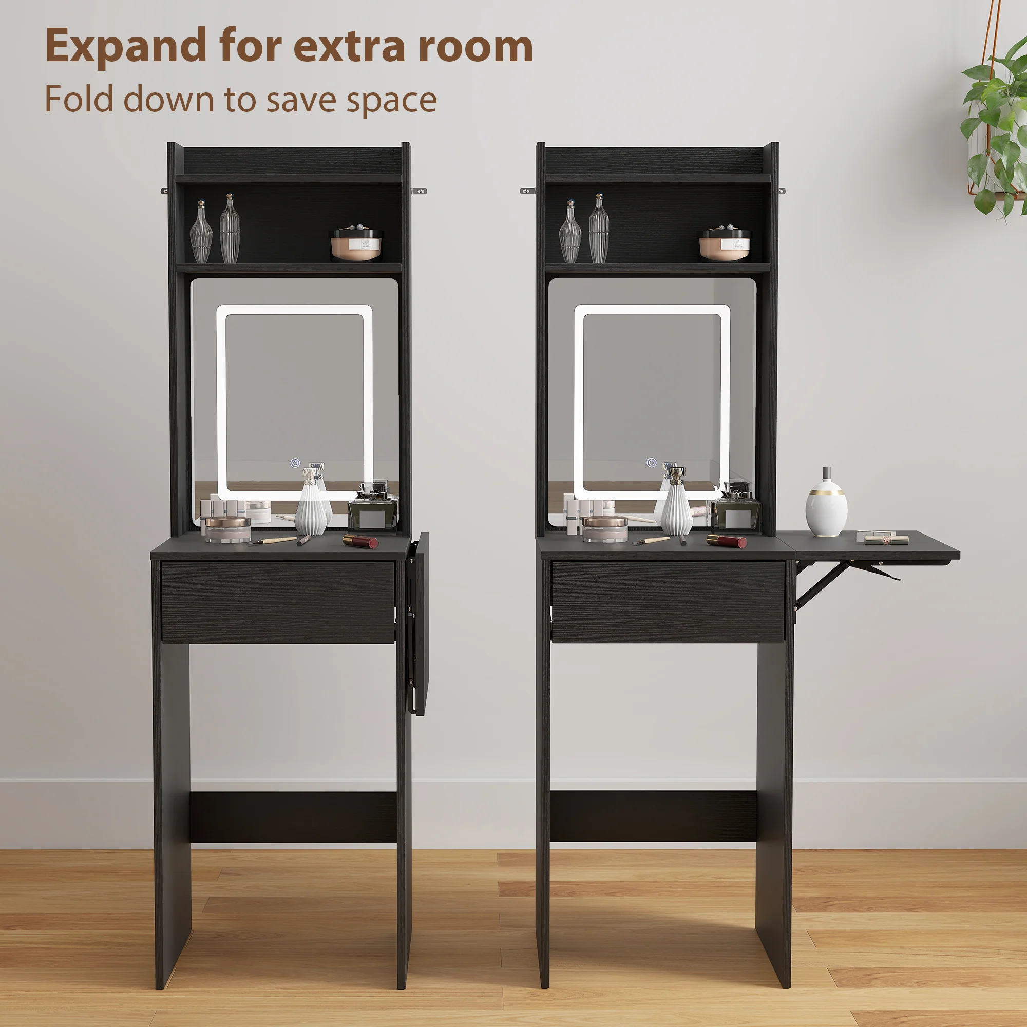 HOMCOM Compact Dressing Table with Lighted Mirror Open Shelves Drawer Black - Image 5