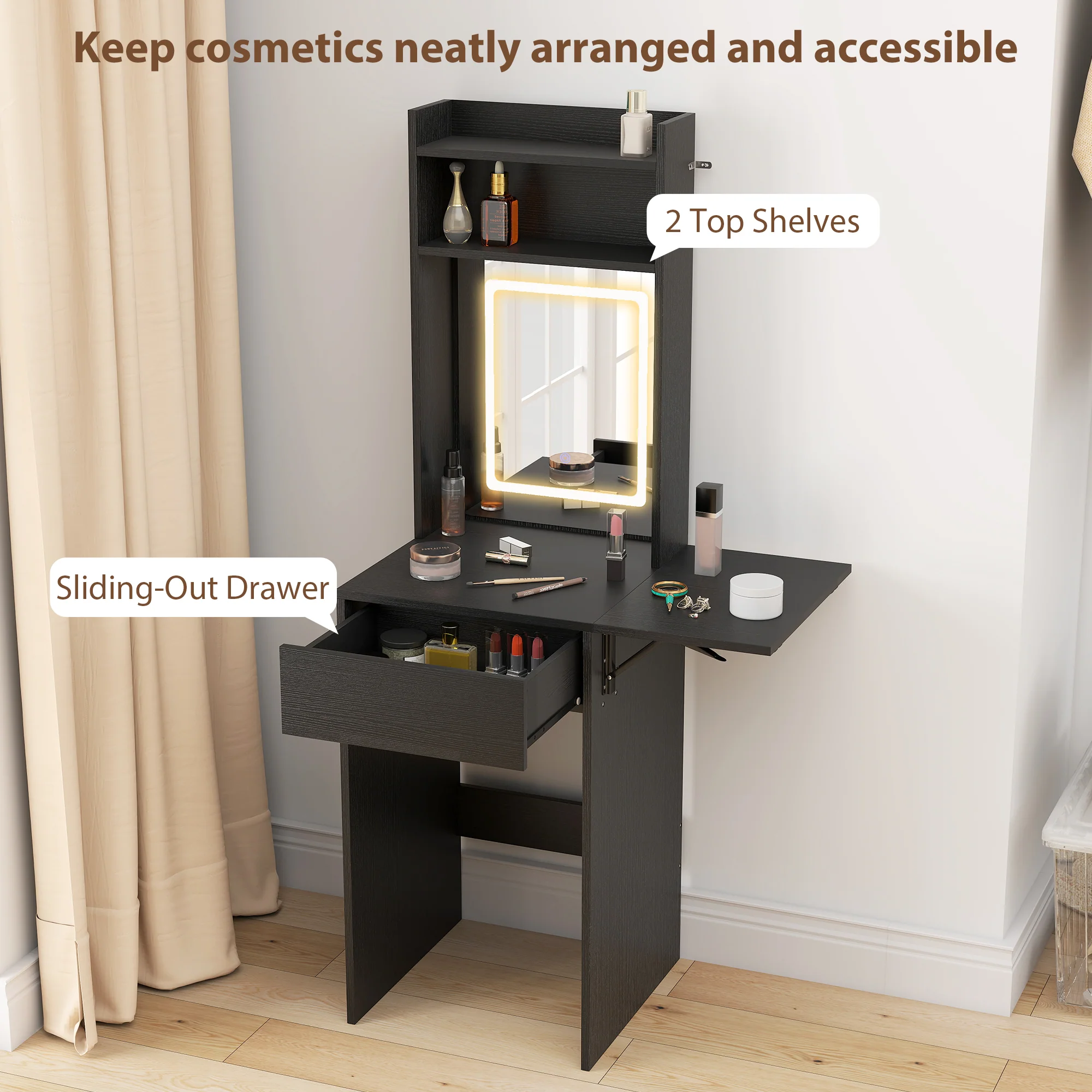 HOMCOM Compact Dressing Table with Lighted Mirror Open Shelves Drawer Black - Image 6