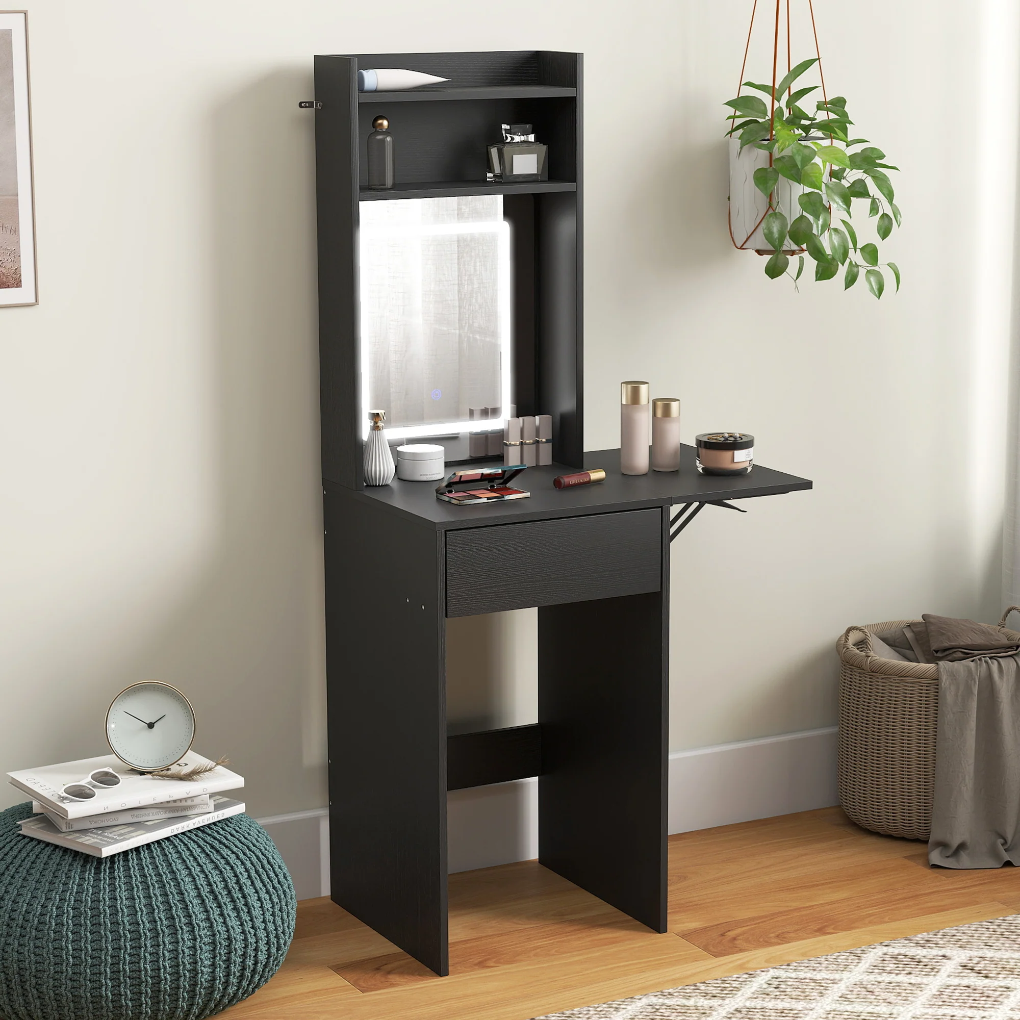HOMCOM Compact Dressing Table with Lighted Mirror Open Shelves Drawer Black - Image 8