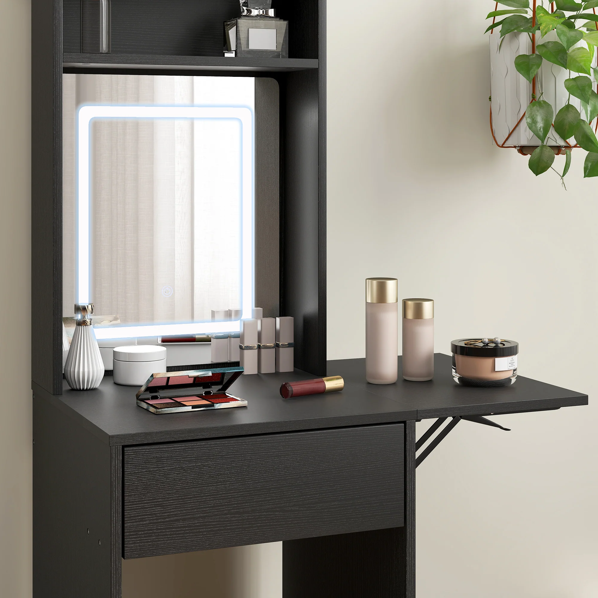 HOMCOM Compact Dressing Table with Lighted Mirror Open Shelves Drawer Black - Image 9