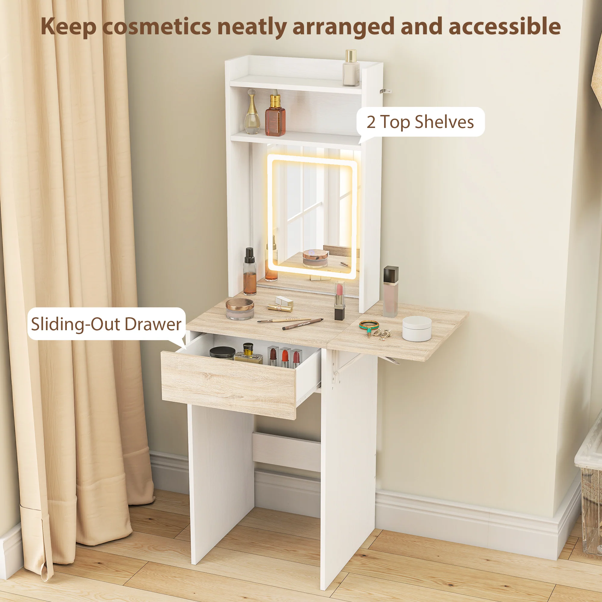 HOMCOM Compact Dressing Table with Lighted Mirror Open Shelves Drawer White - Image 6