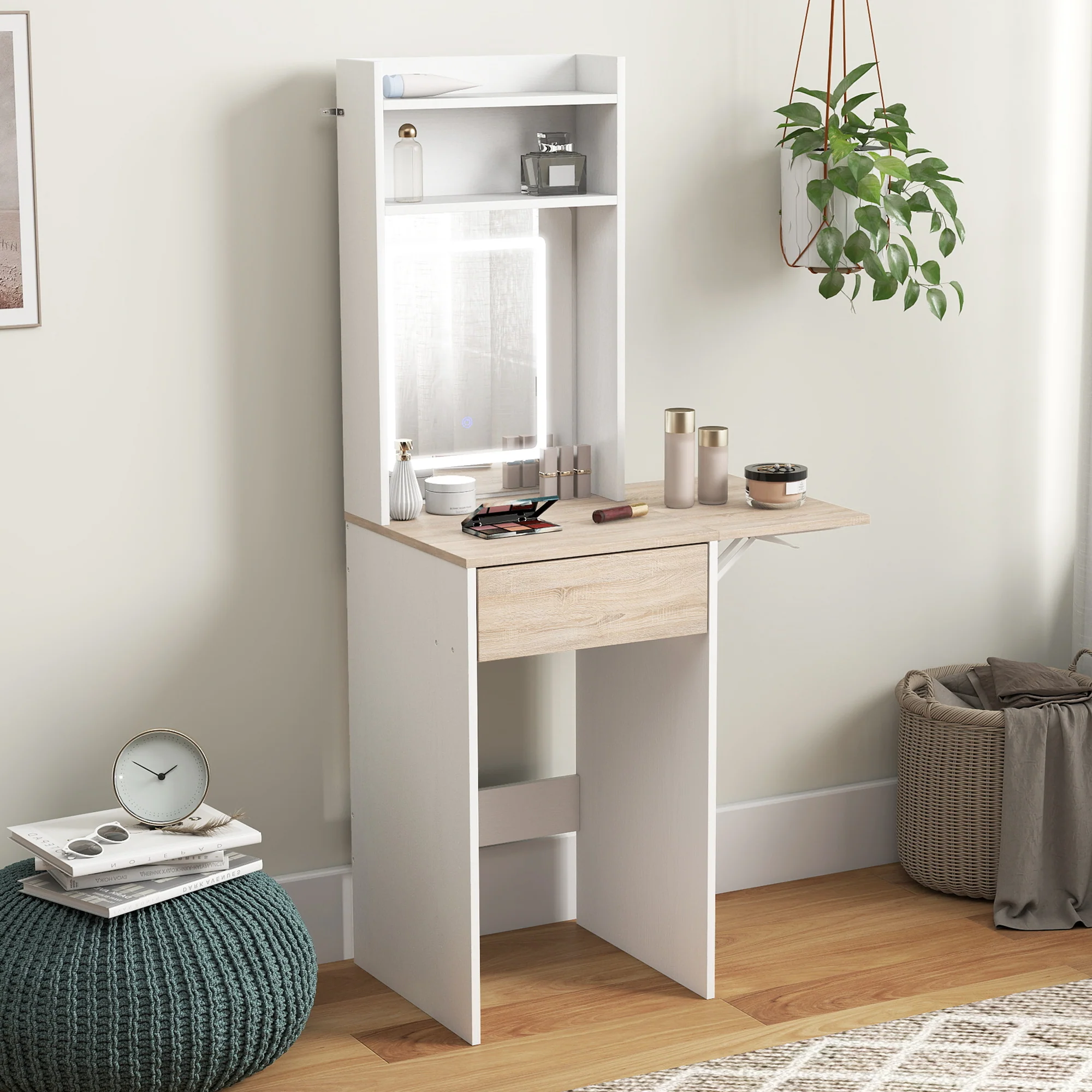 HOMCOM Compact Dressing Table with Lighted Mirror Open Shelves Drawer White - Image 8