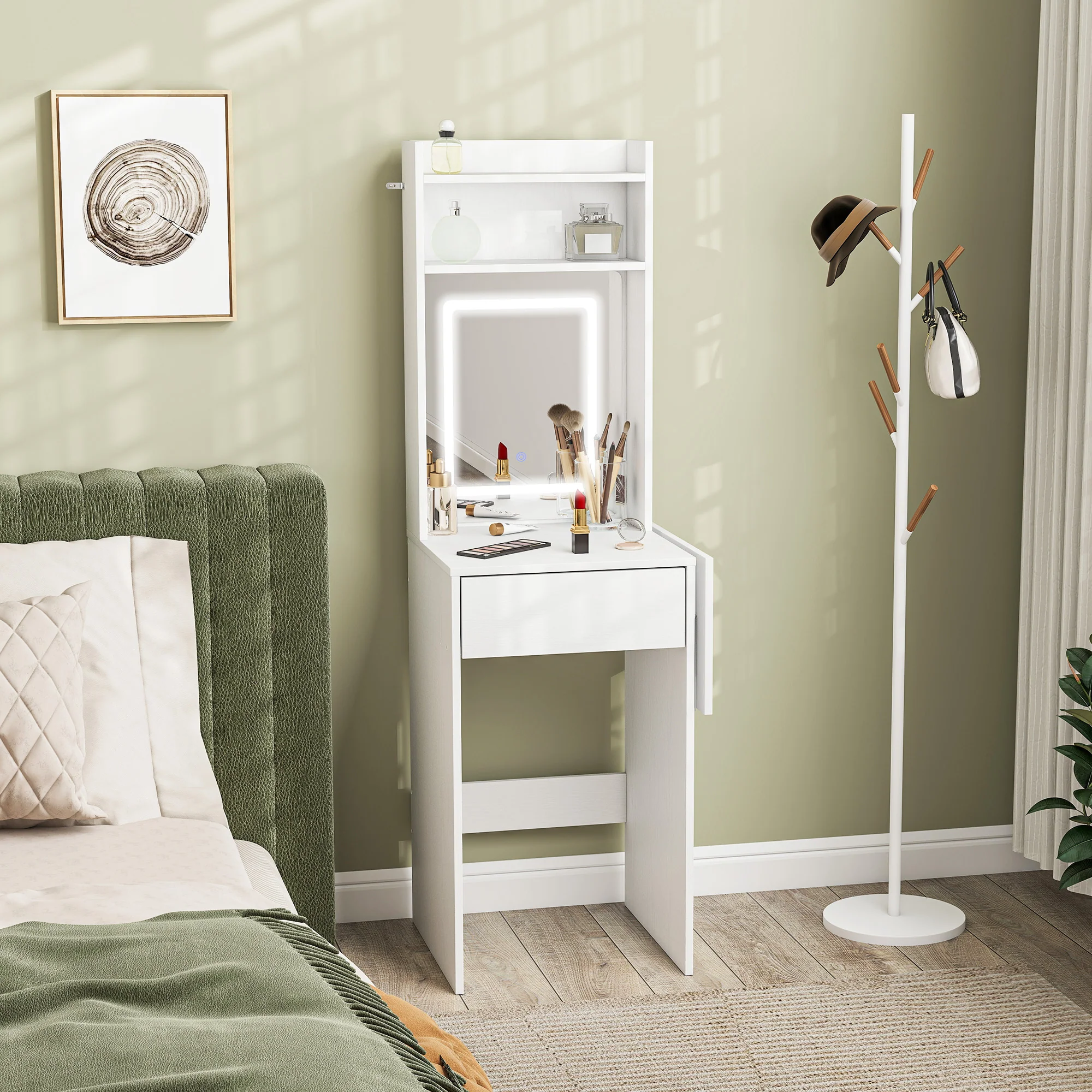 HOMCOM Compact Dressing Table with Lighted Mirror Open Shelves Drawer White - Image 2