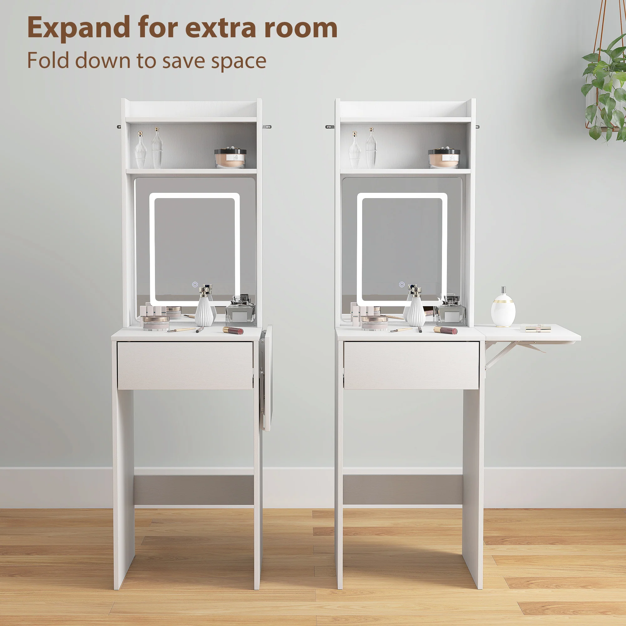 HOMCOM Compact Dressing Table with Lighted Mirror Open Shelves Drawer White - Image 4