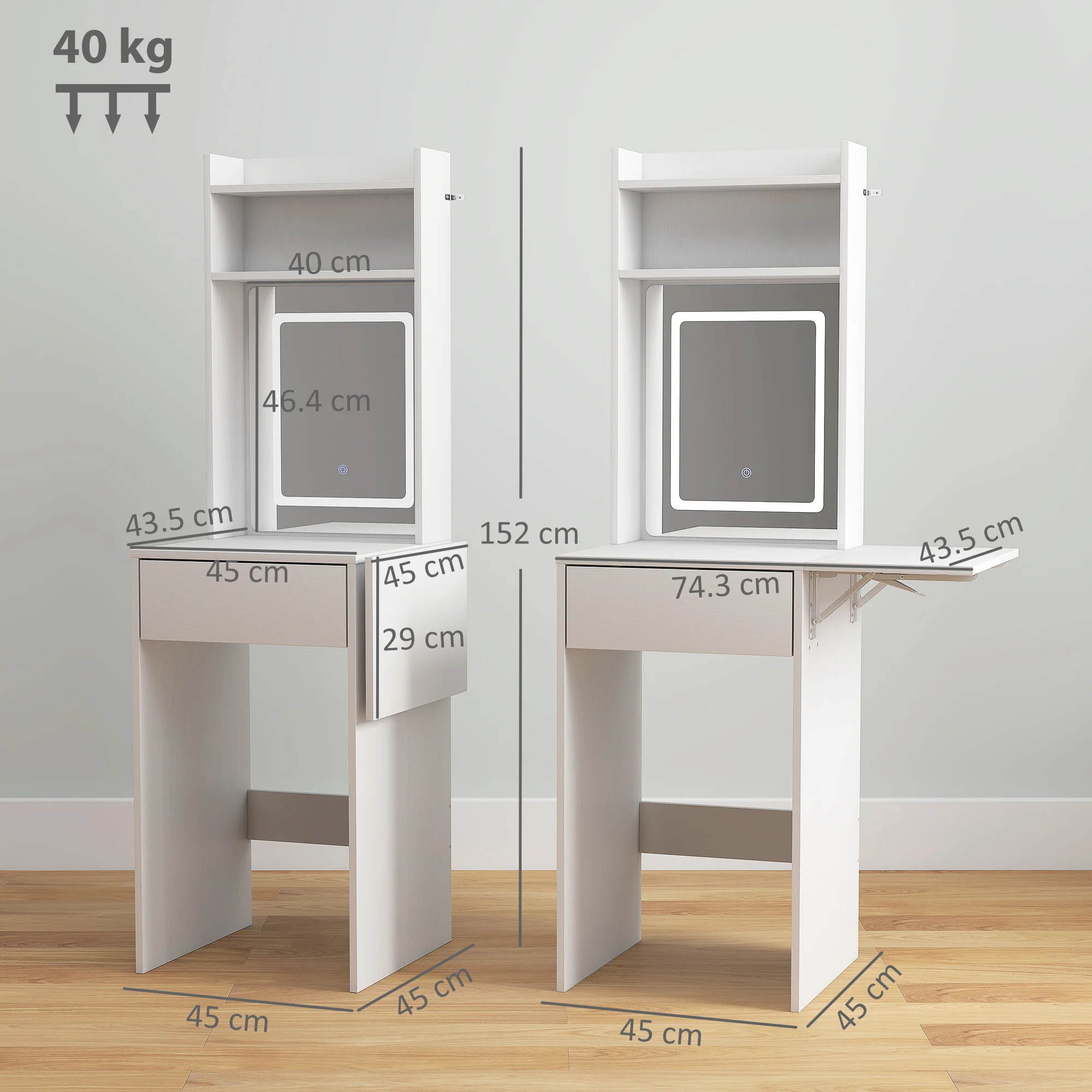 HOMCOM Compact Dressing Table with Lighted Mirror Open Shelves Drawer White - Image 5