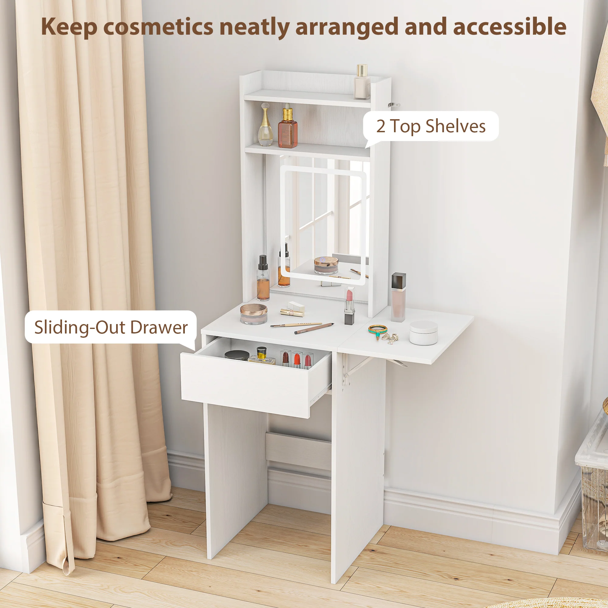 HOMCOM Compact Dressing Table with Lighted Mirror Open Shelves Drawer White - Image 6