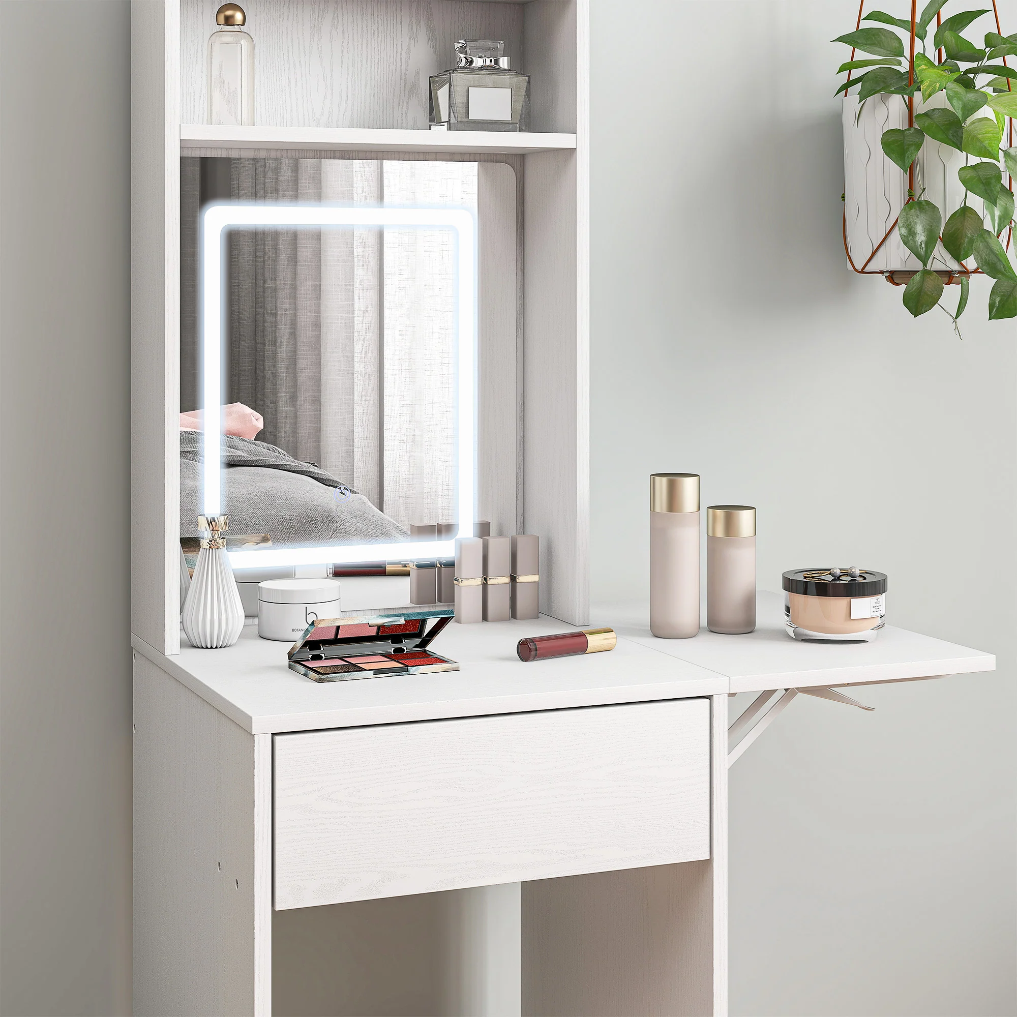 HOMCOM Compact Dressing Table with Lighted Mirror Open Shelves Drawer White - Image 9