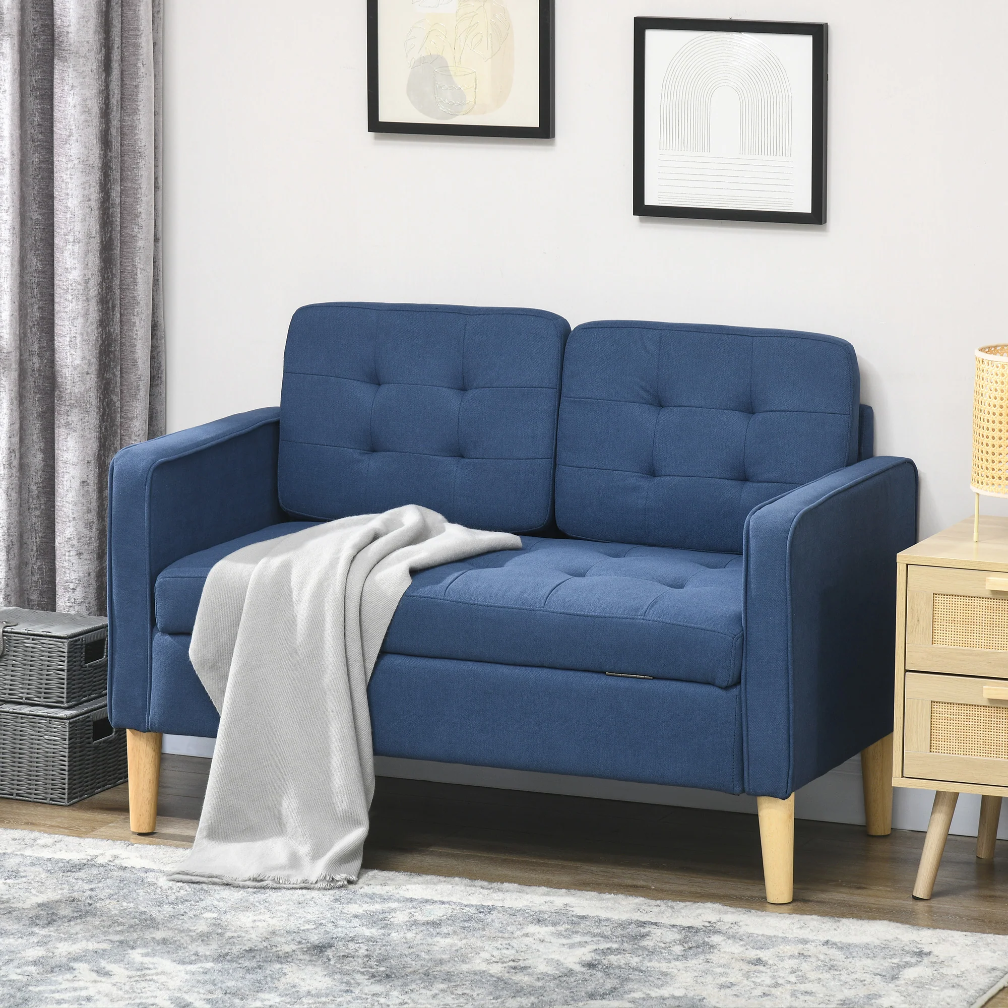 HOMCOM Compact Loveseat Sofa 2 Seater Sofa with Storage and Wood Legs Blue - Image 7