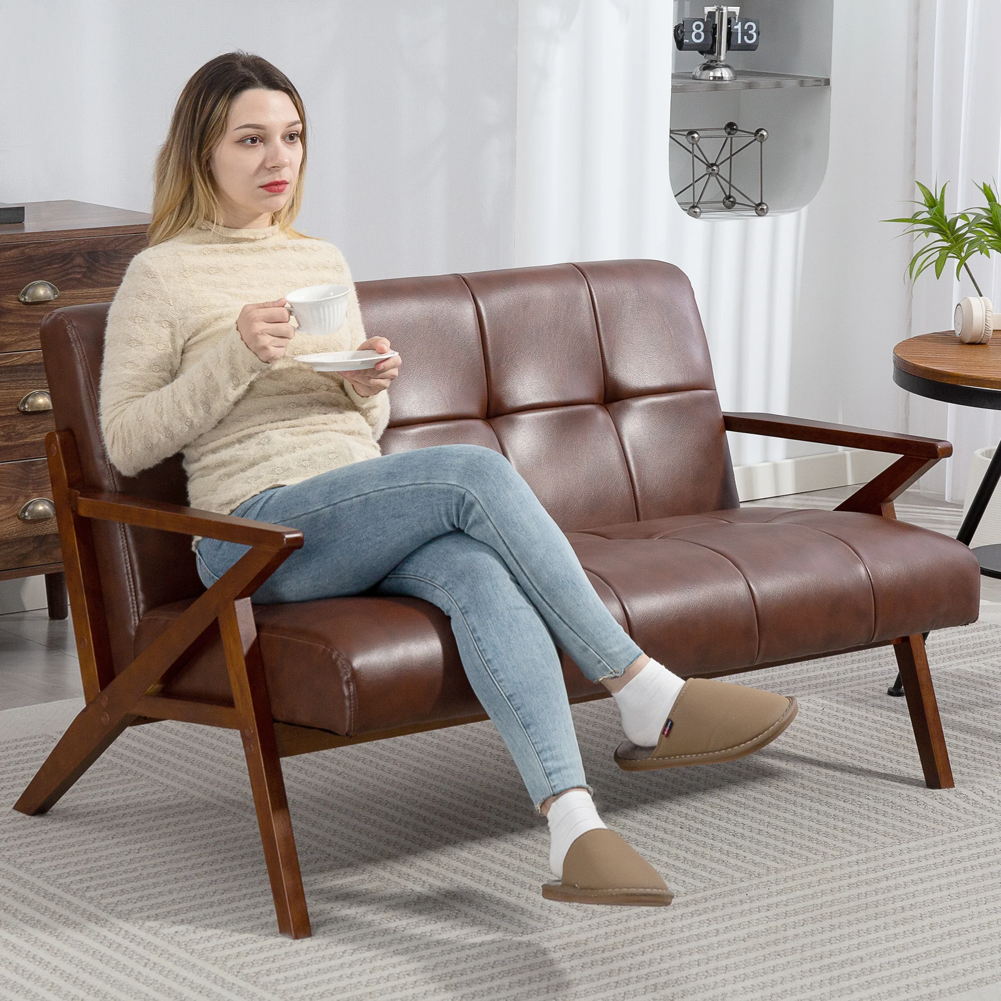 HOMCOM Compact Small Sofa With Solid Wood Frame, Vintage 2 Seater Sofa Brown - Image 2