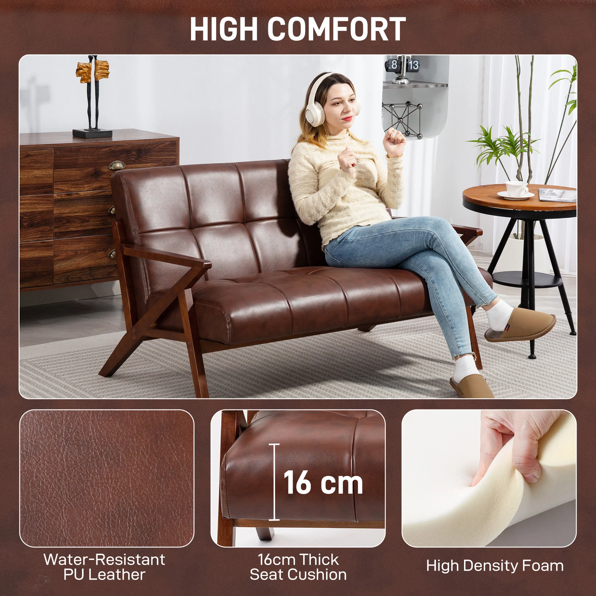 HOMCOM Compact Small Sofa With Solid Wood Frame, Vintage 2 Seater Sofa Brown - Image 3