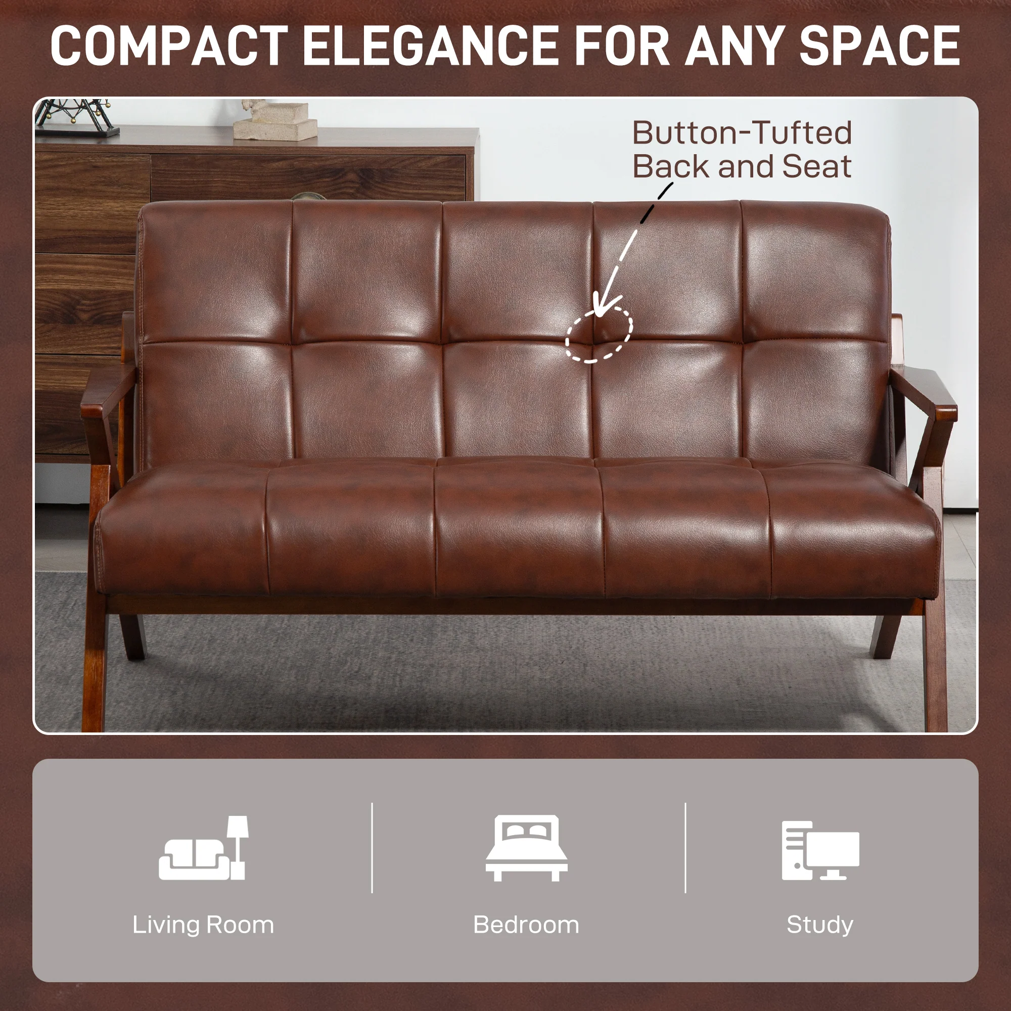 HOMCOM Compact Small Sofa With Solid Wood Frame, Vintage 2 Seater Sofa Brown - Image 4