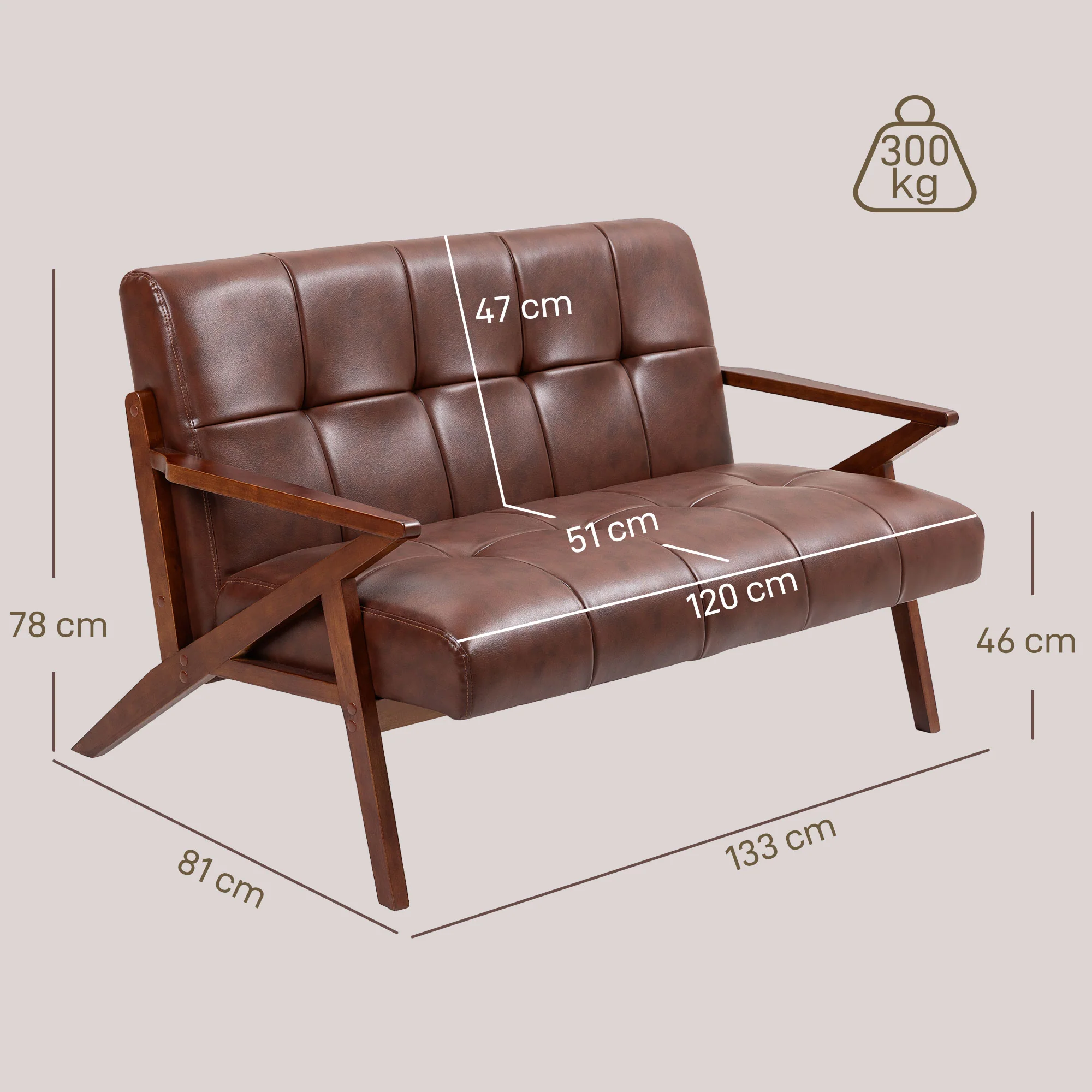 HOMCOM Compact Small Sofa With Solid Wood Frame, Vintage 2 Seater Sofa Brown - Image 5