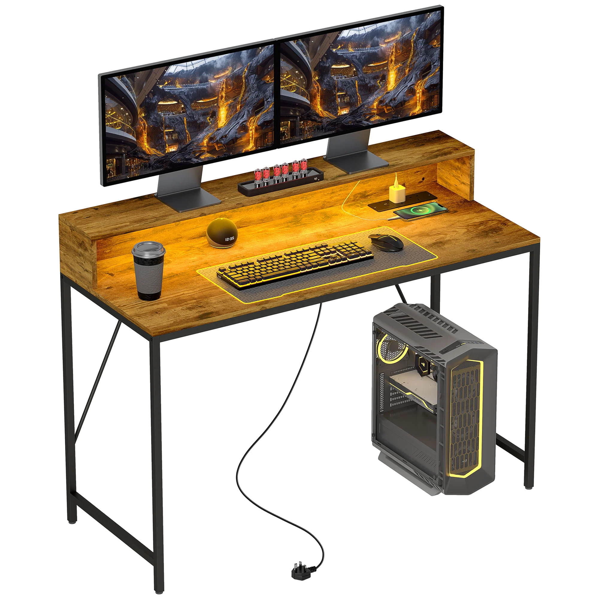 HOMCOM Computer Desk with LED Lights, Study Table with Shelf, Rustic Brown