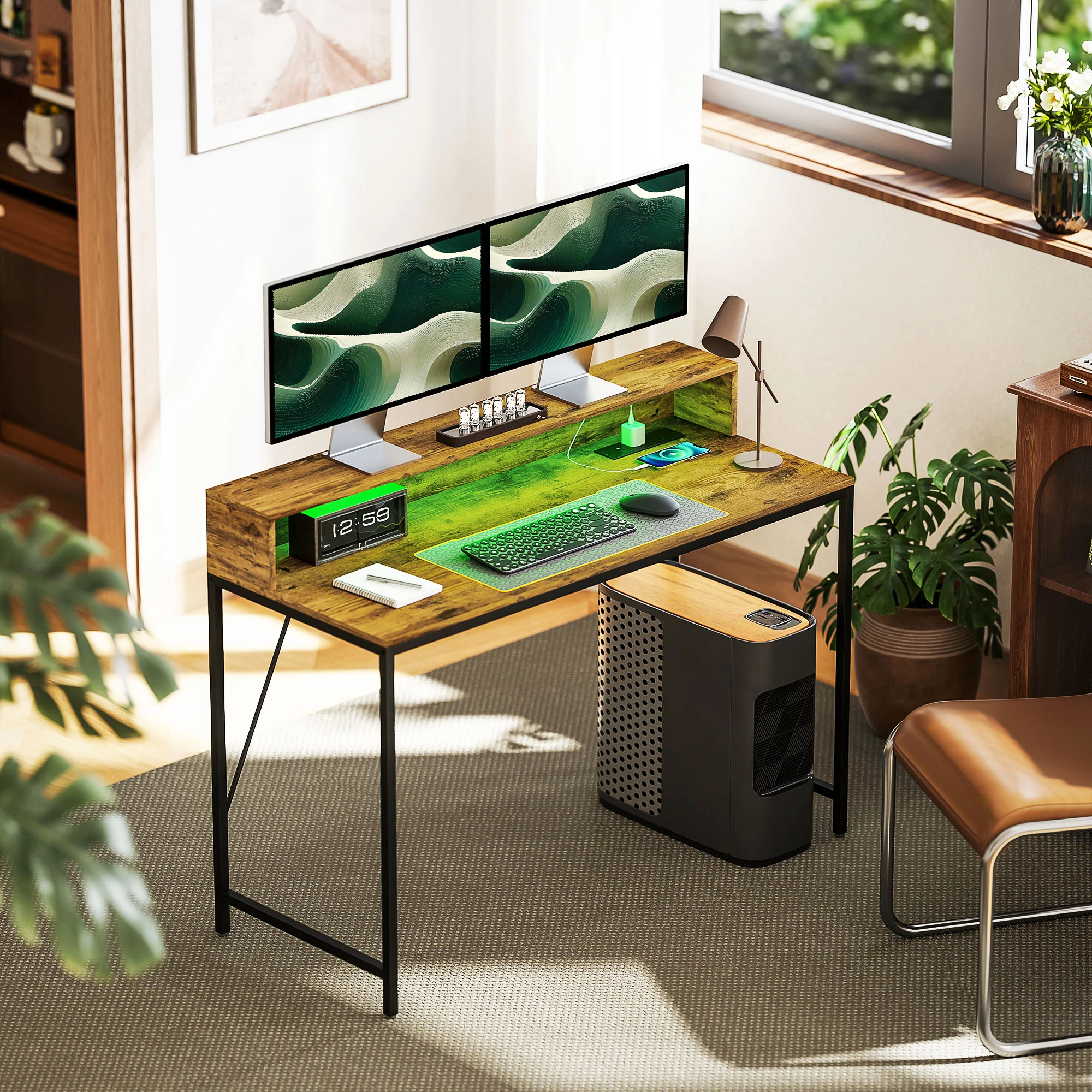 HOMCOM Computer Desk with LED Lights, Study Table with Shelf, Rustic Brown - Image 2