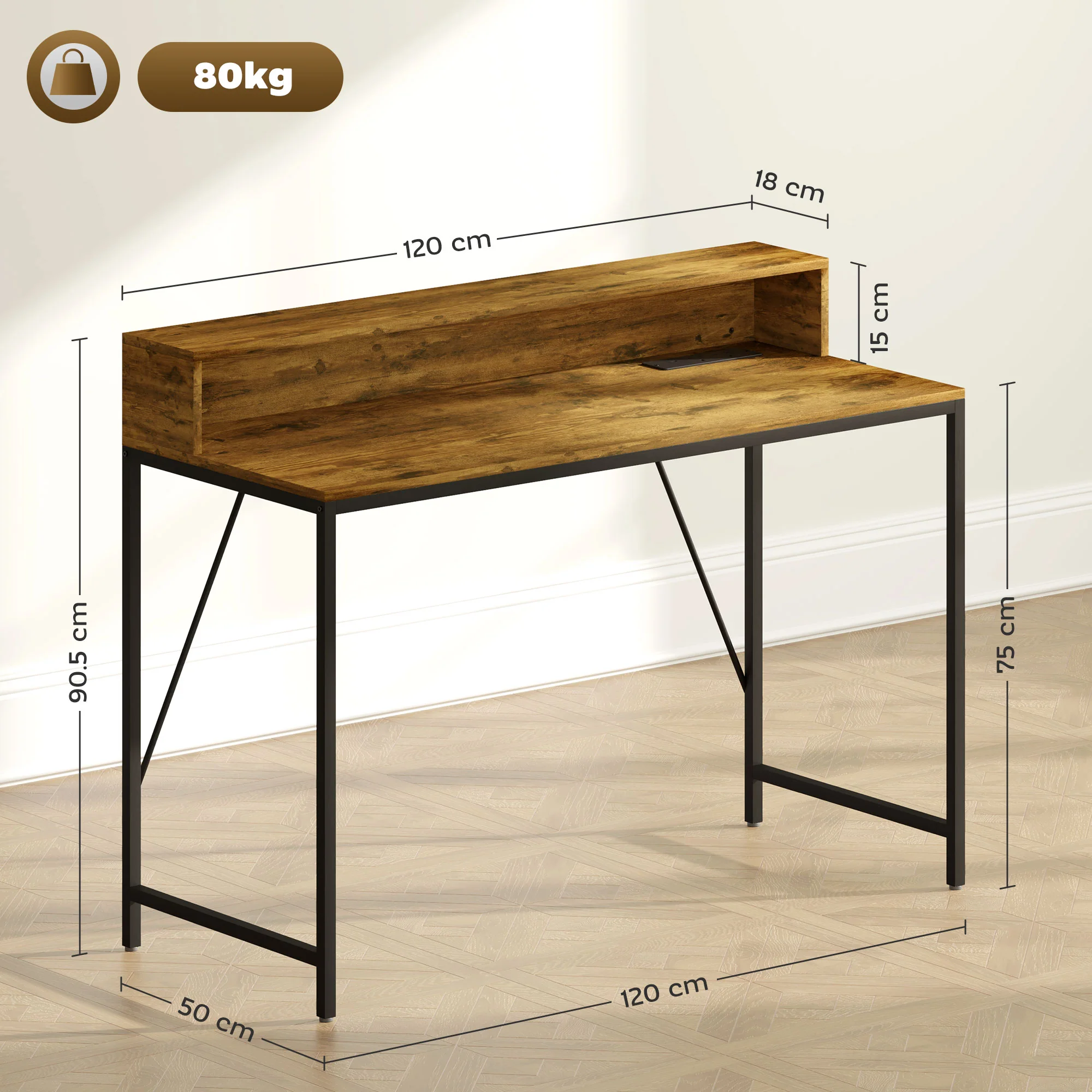HOMCOM Computer Desk with LED Lights, Study Table with Shelf, Rustic Brown - Image 5