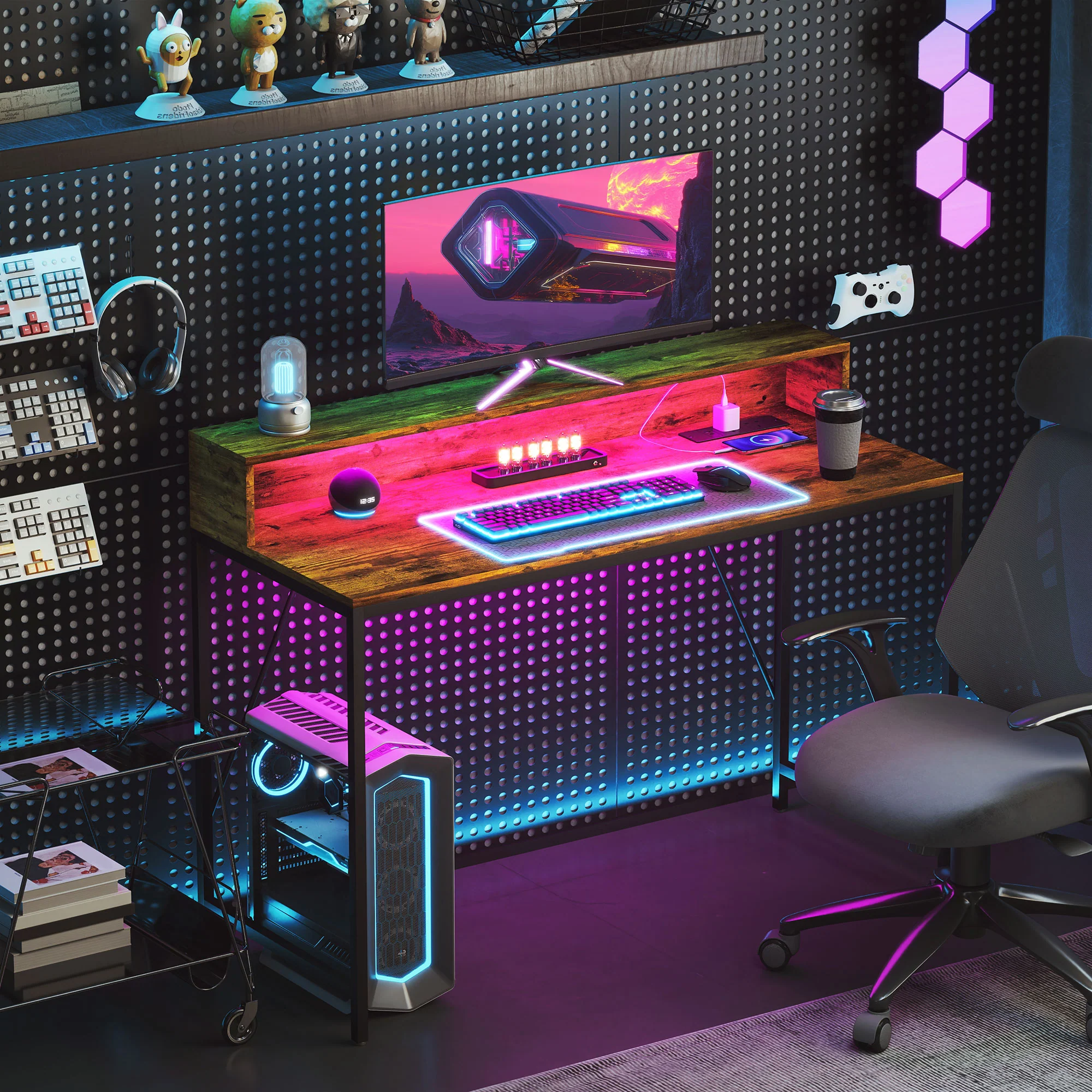 HOMCOM Computer Desk with LED Lights, Study Table with Shelf, Rustic Brown - Image 8