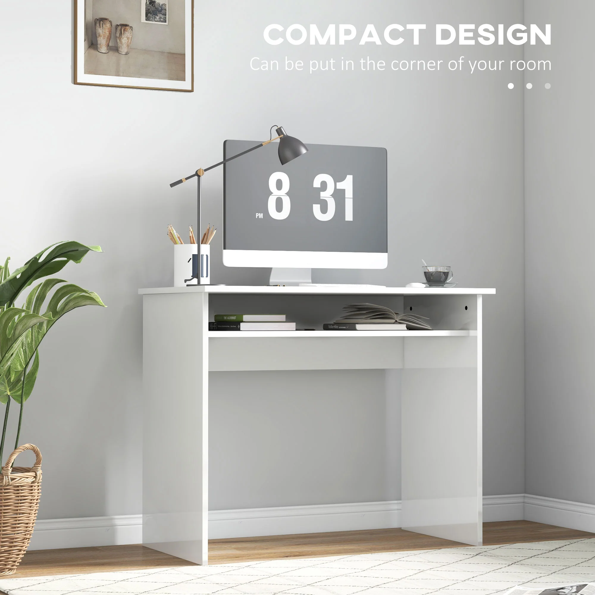 HOMCOM Computer Desk Writing Table Study Workstation Storage High Gloss White - Image 6