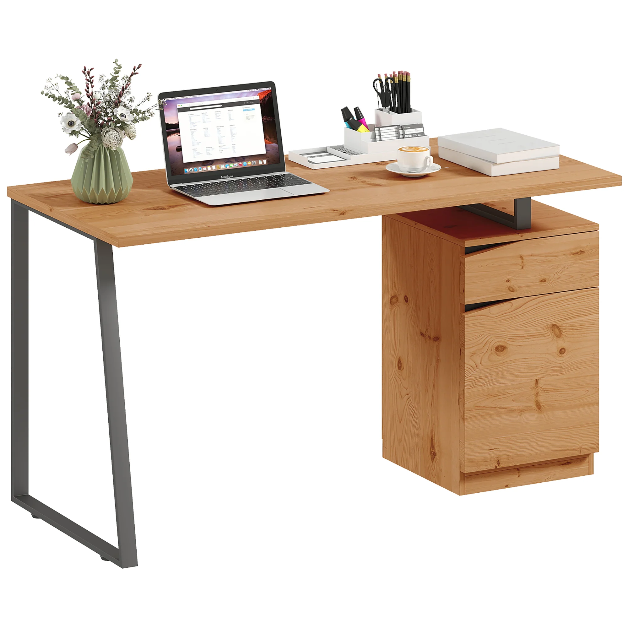 HOMCOM Computer Desk, Writing Table with Cabinet and Drawer, Natural
