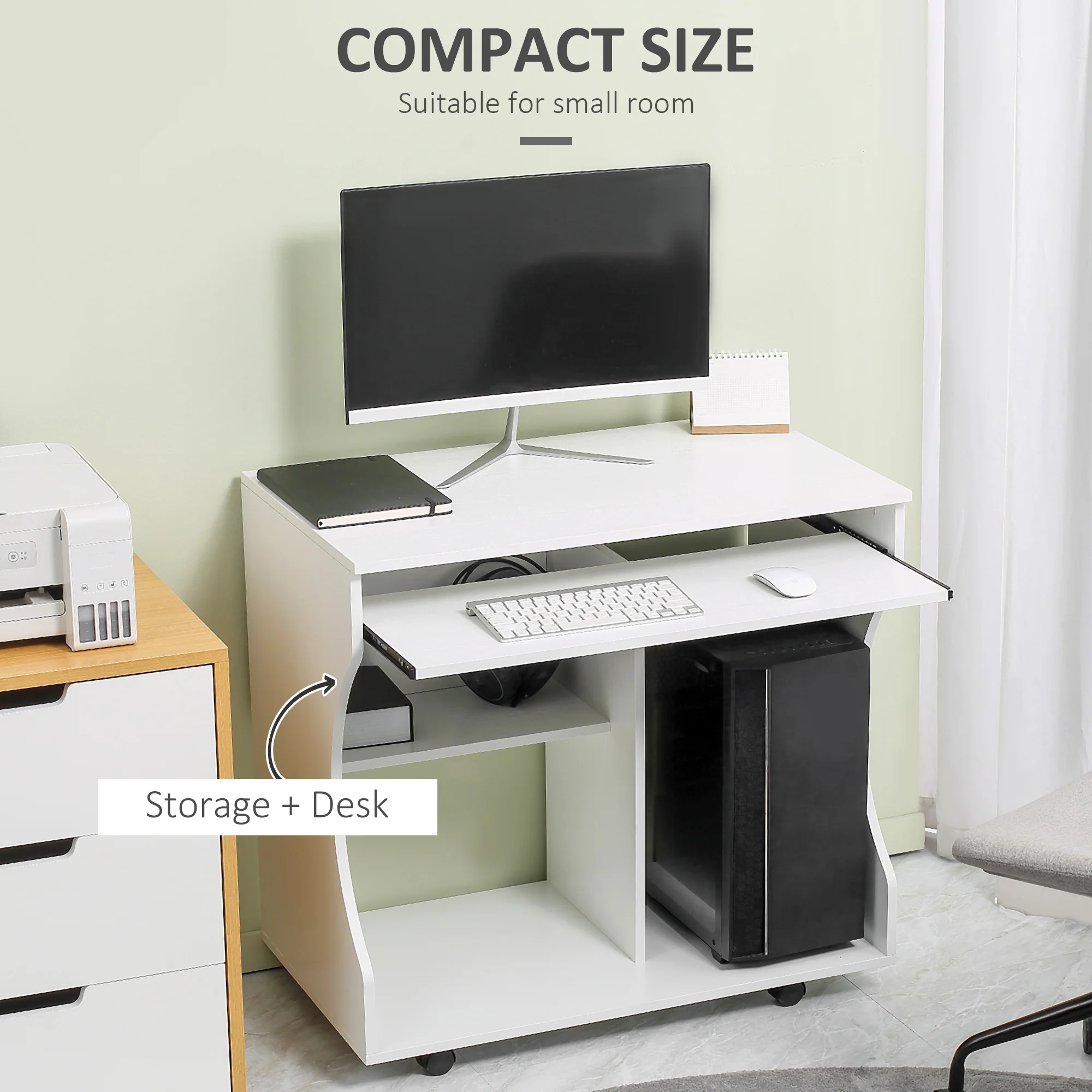 HOMCOM Computer Table Study Desk with Sliding Keyboard Tray, White - Image 6