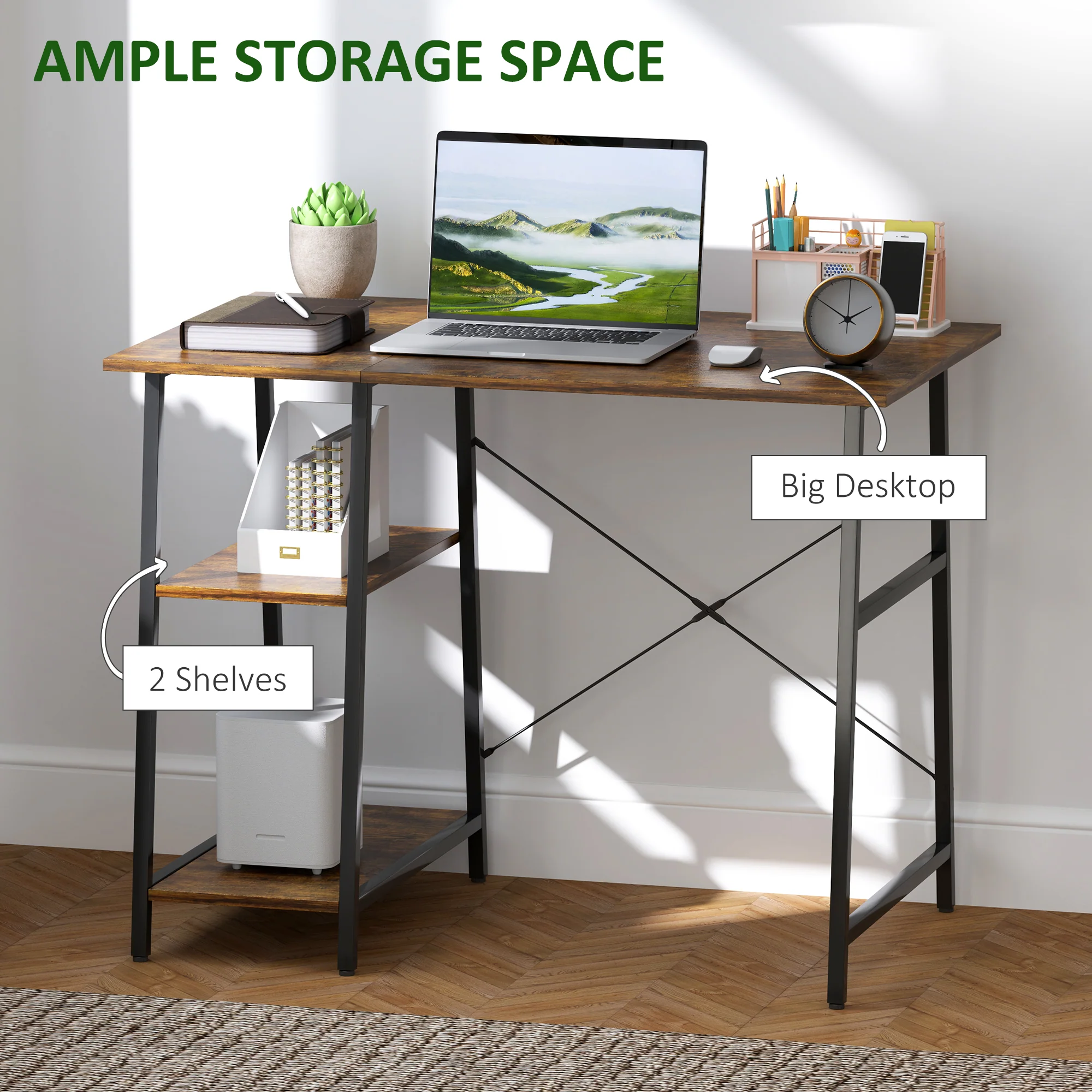 HOMCOM Computer Table Wor Desk with Shelves & Steel Frame, Rustic Brown - Image 3