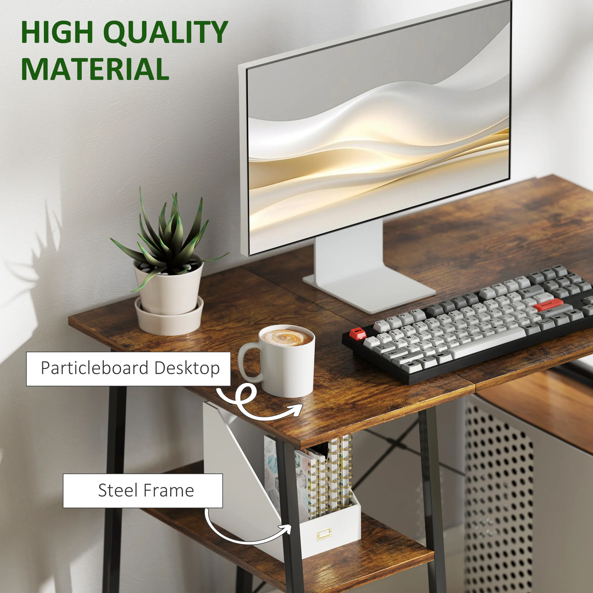 HOMCOM Computer Table Wor Desk with Shelves & Steel Frame, Rustic Brown - Image 4