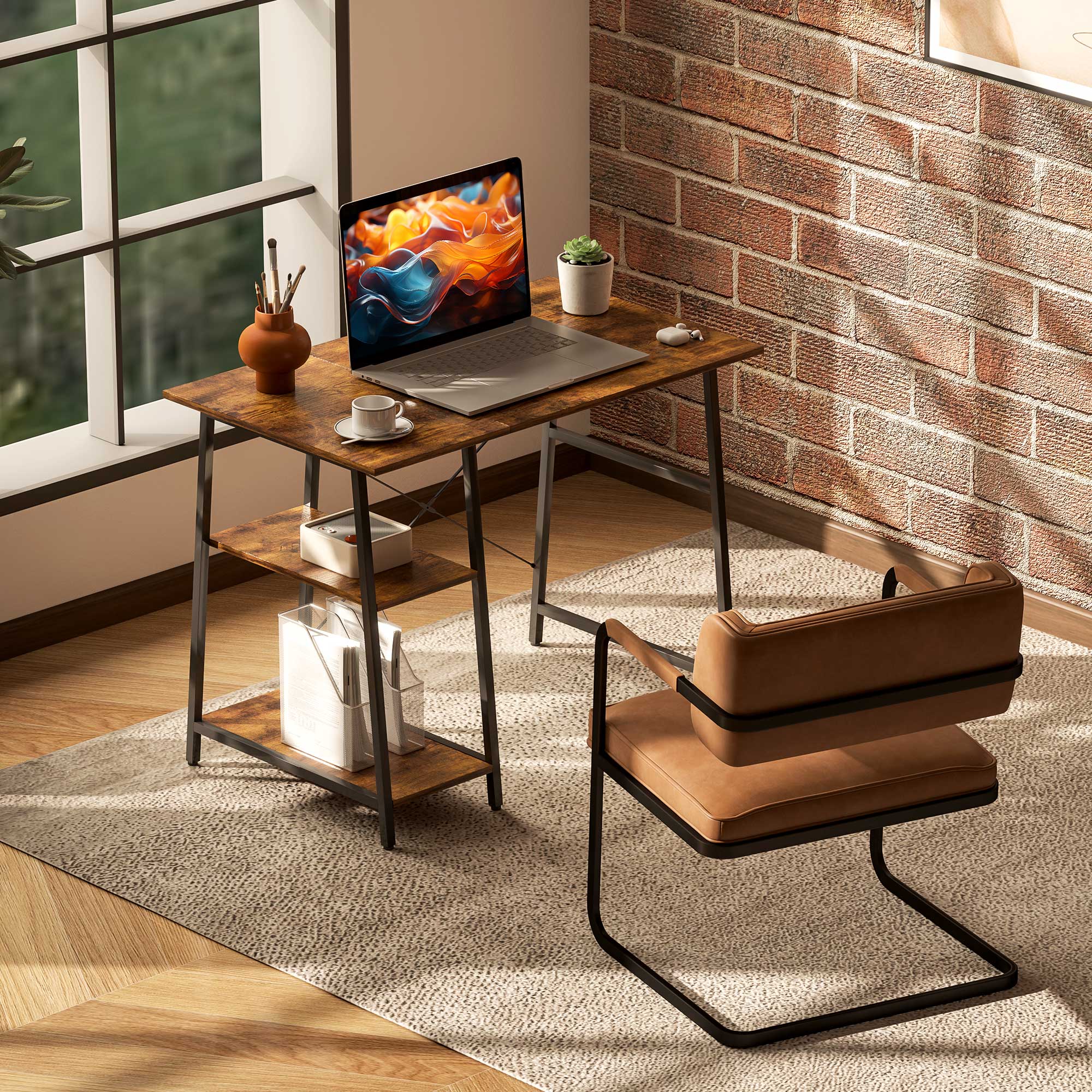 HOMCOM Computer Table Wor Desk with Shelves & Steel Frame, Rustic Brown - Image 2