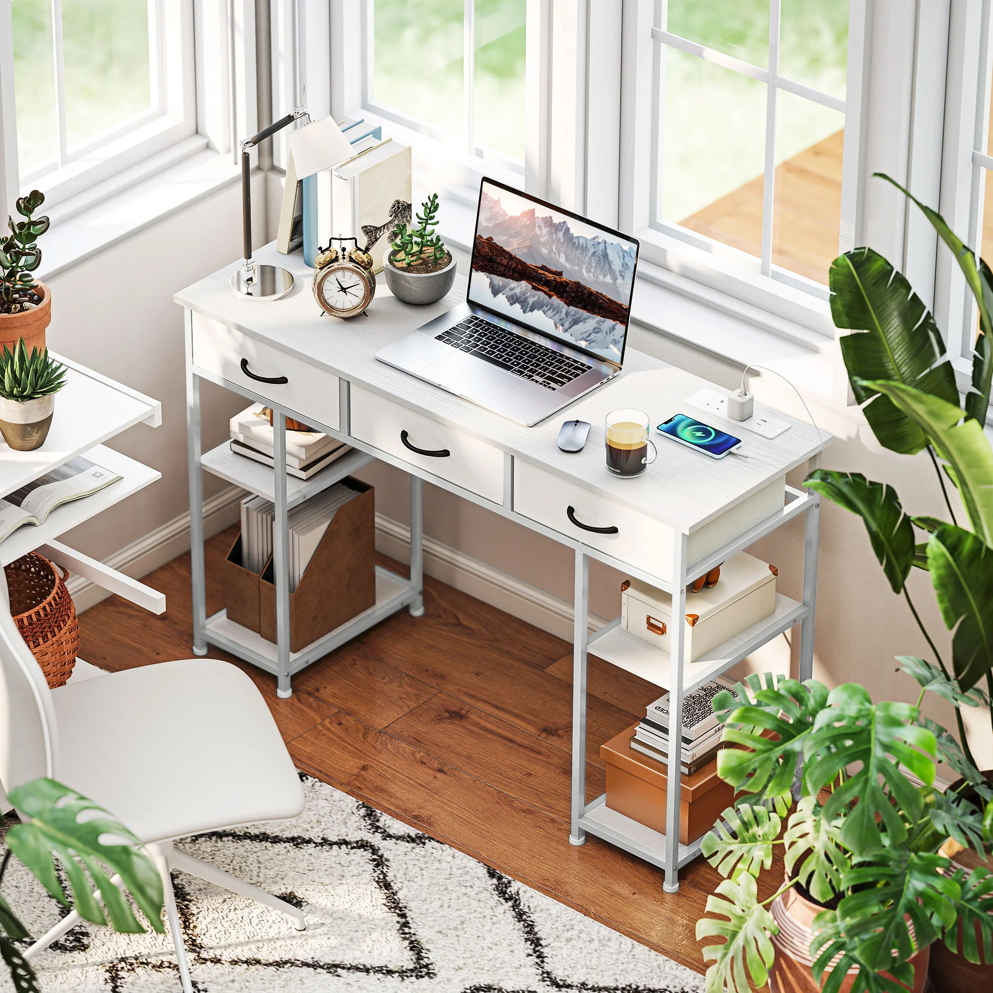 HOMCOM Computer Writing Desk With Power Outlets, Drawers, Shelves - White/Rustic Brown - Image 11
