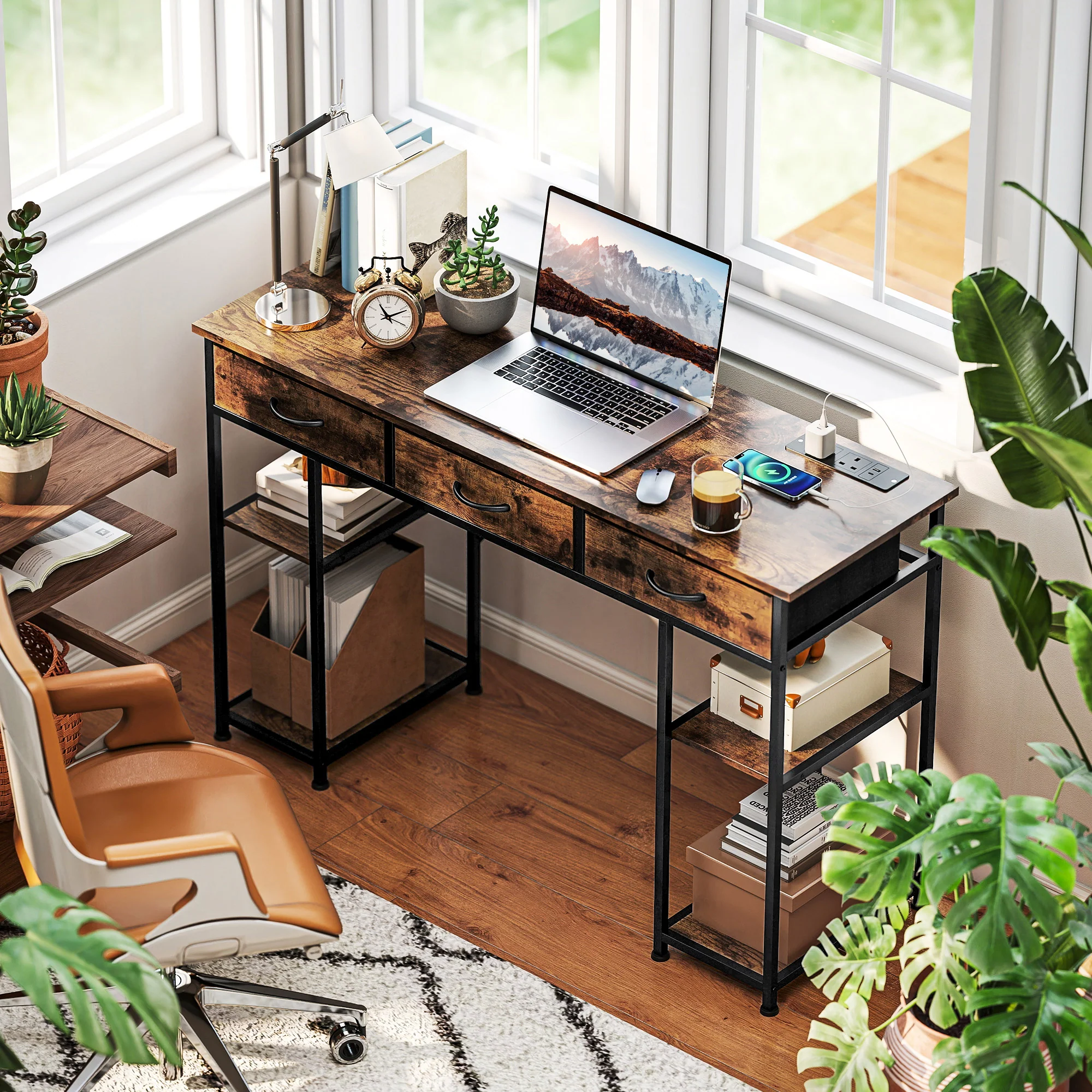 HOMCOM Computer Writing Desk With Power Outlets, Drawers, Shelves - White/Rustic Brown - Image 2