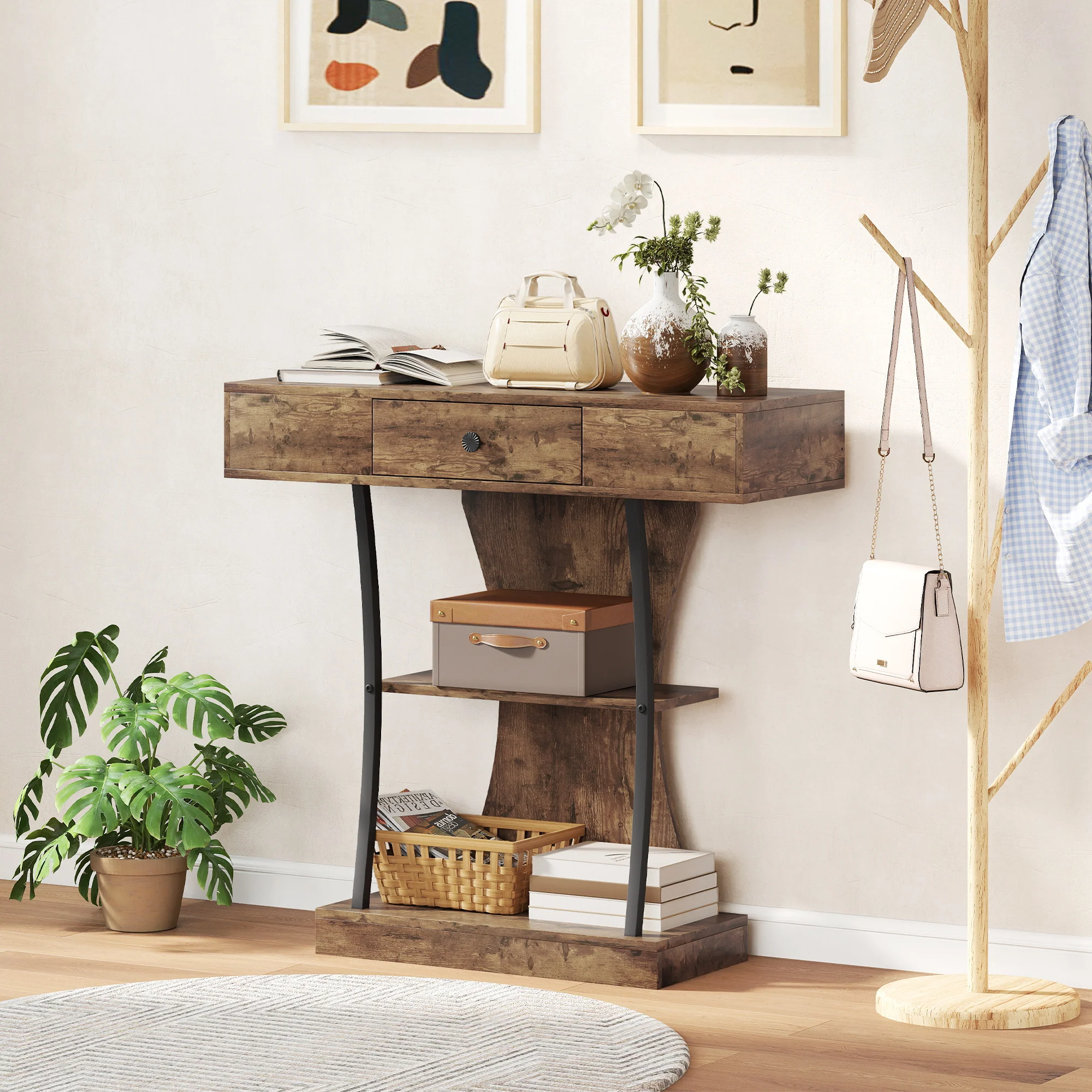 HOMCOM Console Table Hallway Table with Storage Shelves, Rustic Brown - Image 2