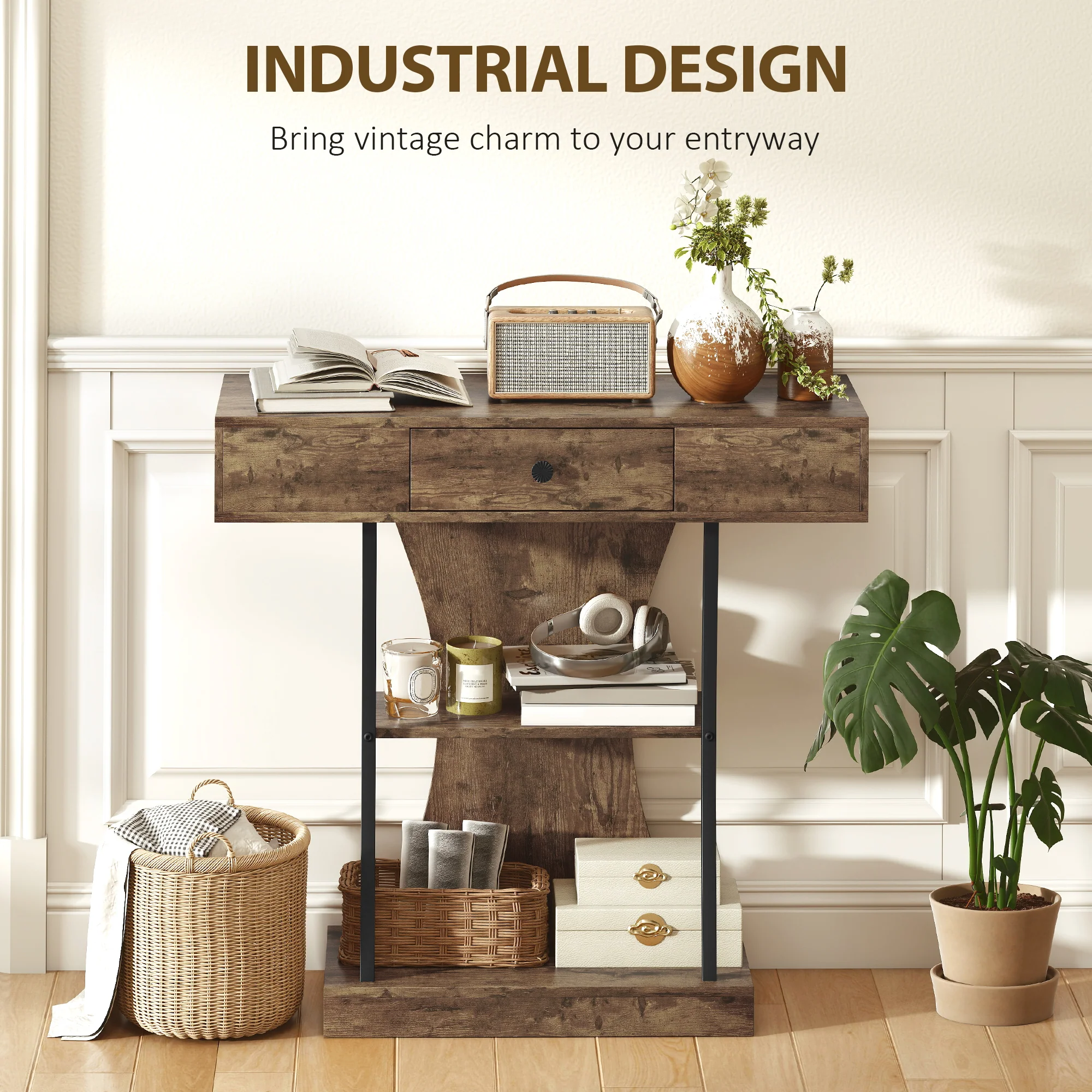 HOMCOM Console Table Hallway Table with Storage Shelves, Rustic Brown - Image 3