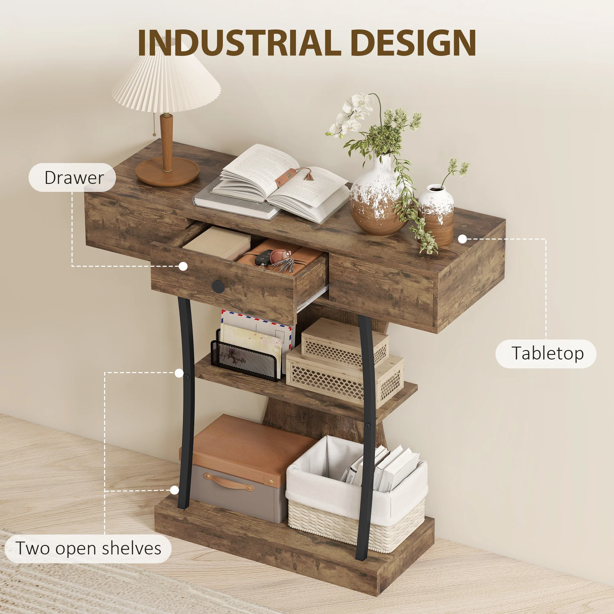 HOMCOM Console Table Hallway Table with Storage Shelves, Rustic Brown - Image 4