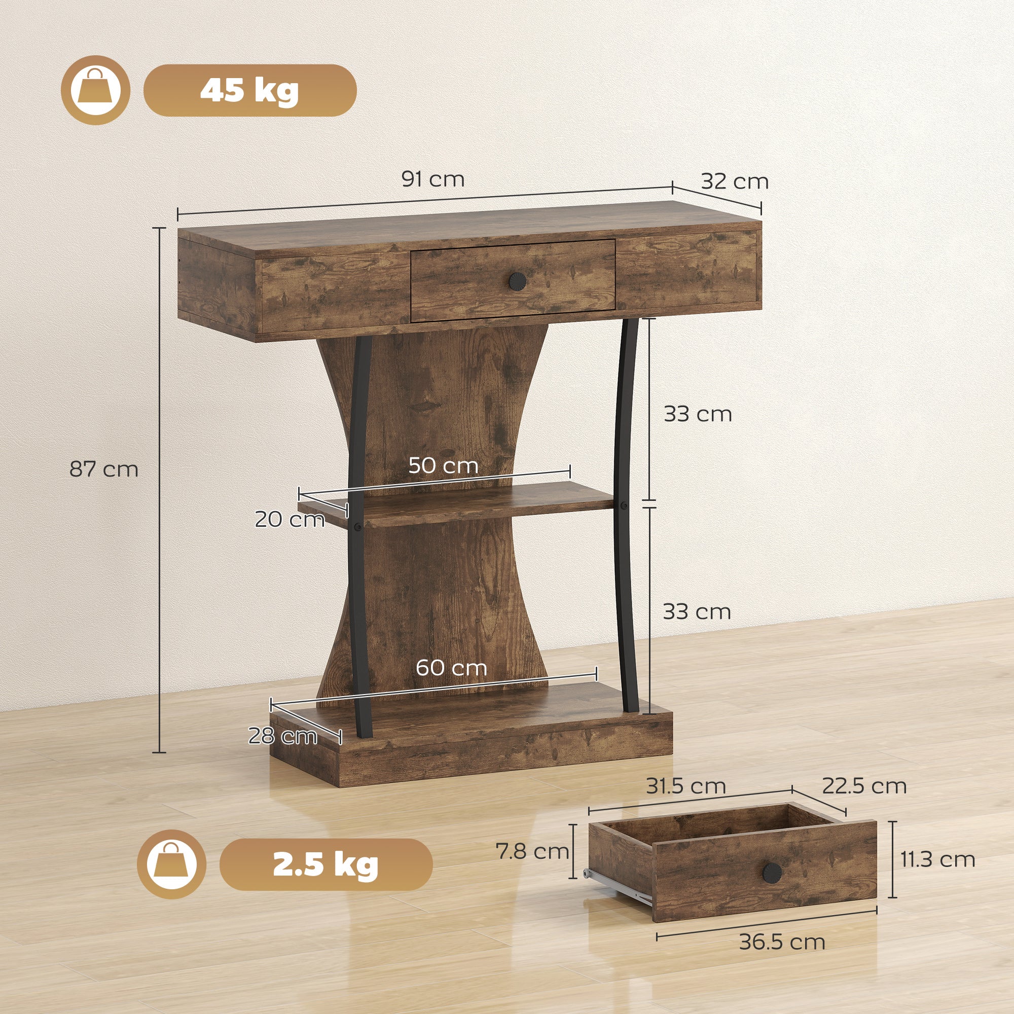 HOMCOM Console Table Hallway Table with Storage Shelves, Rustic Brown - Image 5