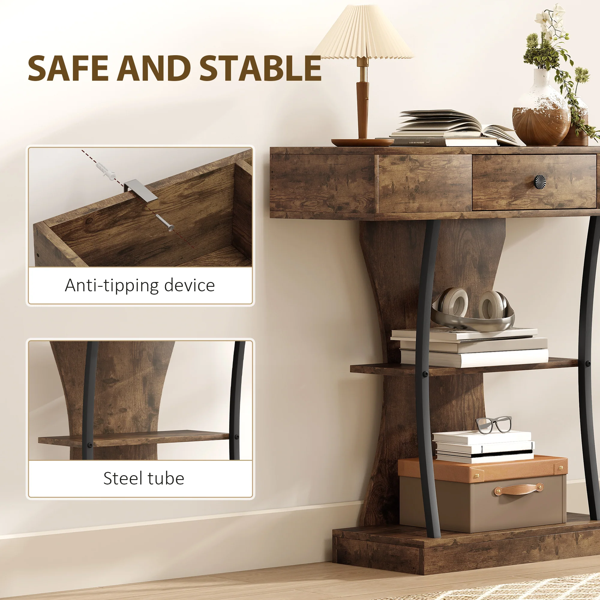 HOMCOM Console Table Hallway Table with Storage Shelves, Rustic Brown - Image 6