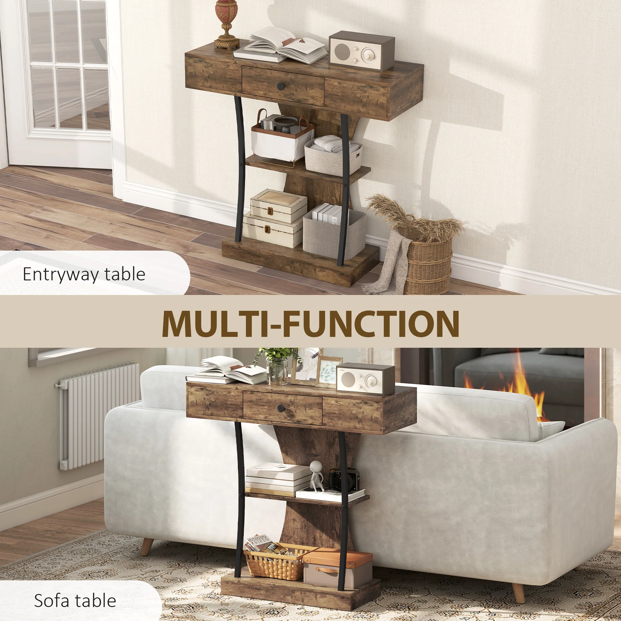 HOMCOM Console Table Hallway Table with Storage Shelves, Rustic Brown - Image 7