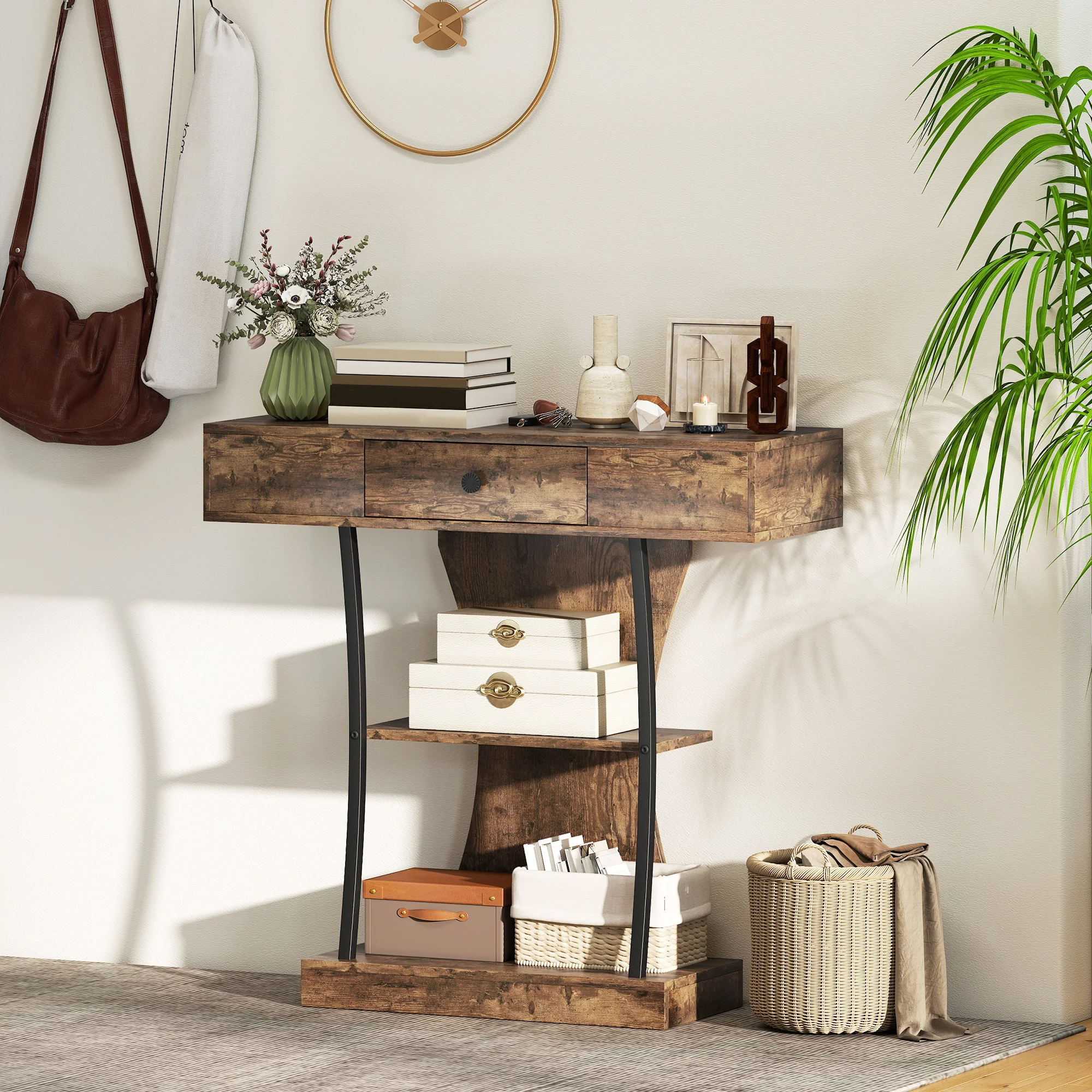 HOMCOM Console Table Hallway Table with Storage Shelves, Rustic Brown - Image 8
